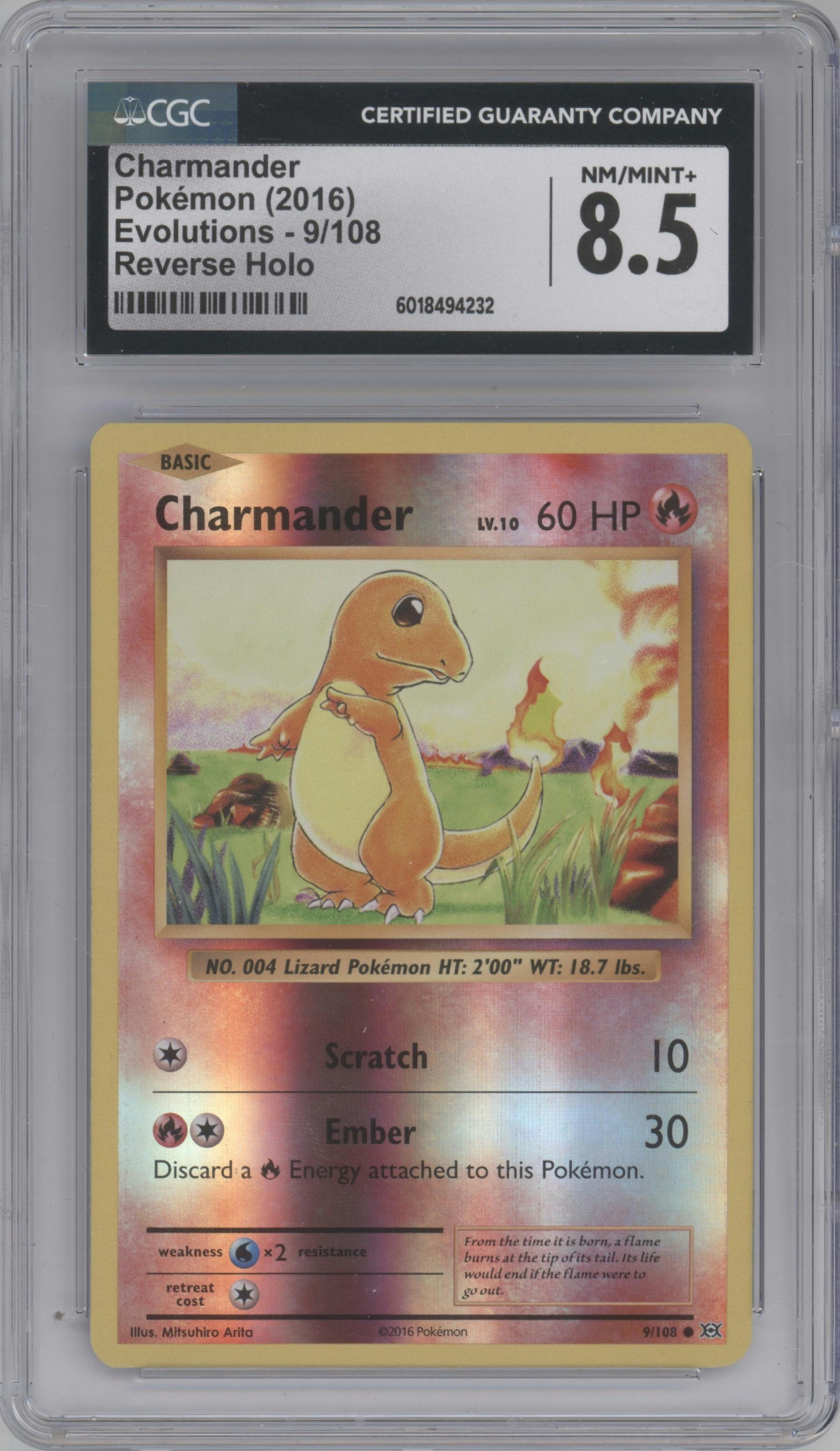 Charmander from the 2016 Pokemon XY set graded by CSG and given an overall grade of 8.5.