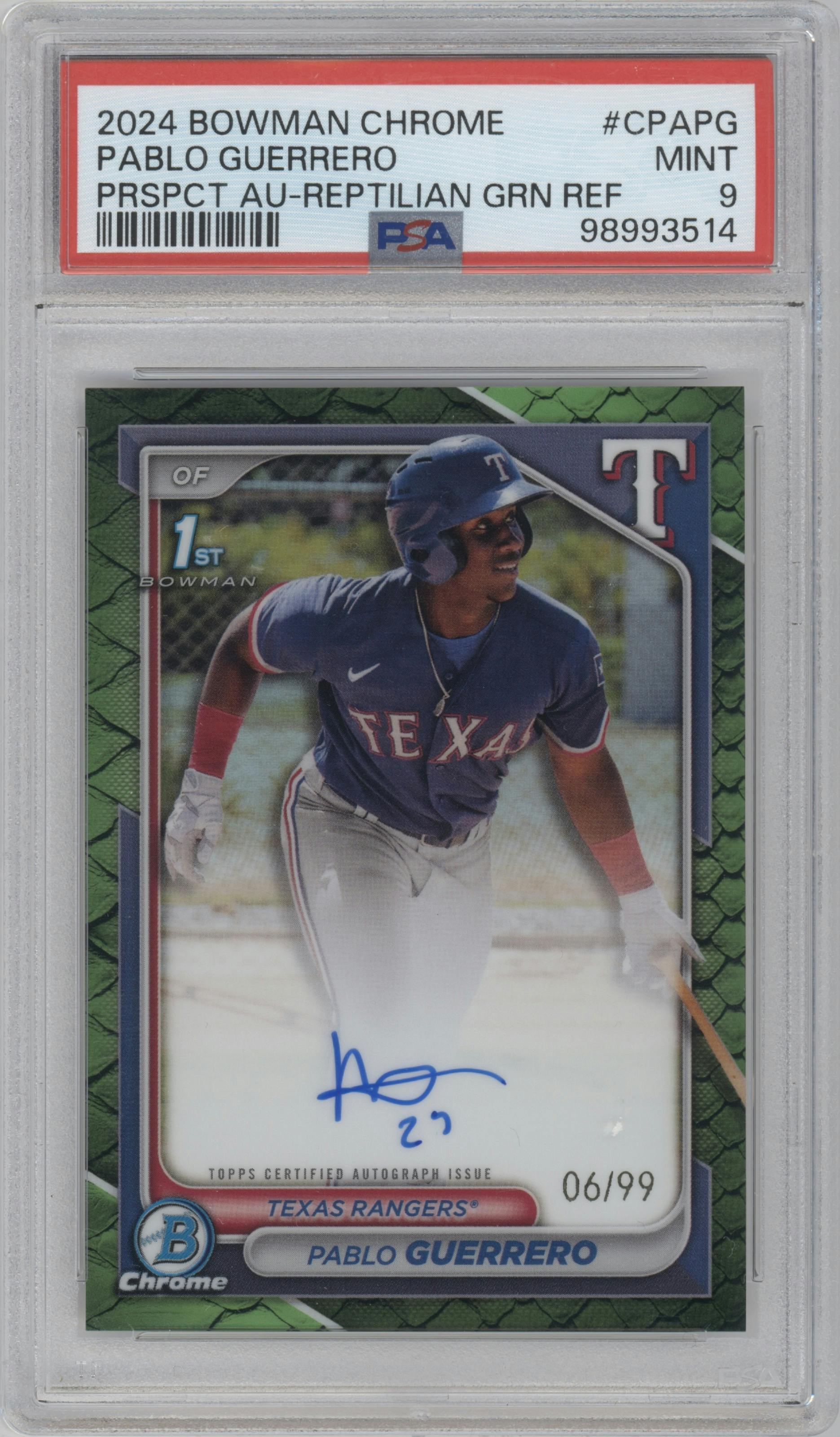 Pablo Guerrero from the 2024 Bowman Chrome set featuring a Reptilian Green Refractor parallel graded by PSA and given an overall grade of 9.