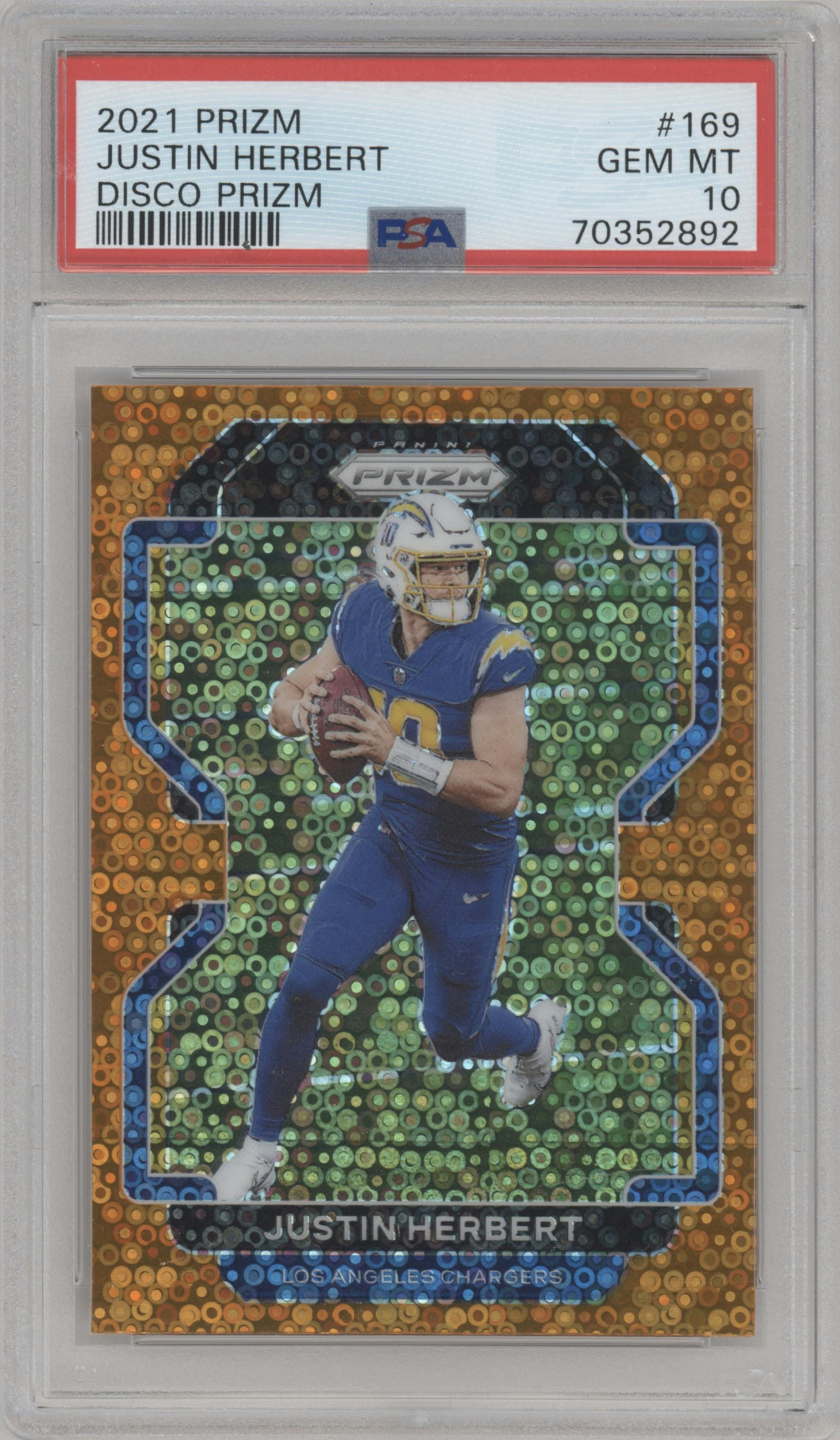 Justin Herbert from the 2021 Panini Prizm set featuring a Disco parallel graded by PSA and given an overall grade of 10.