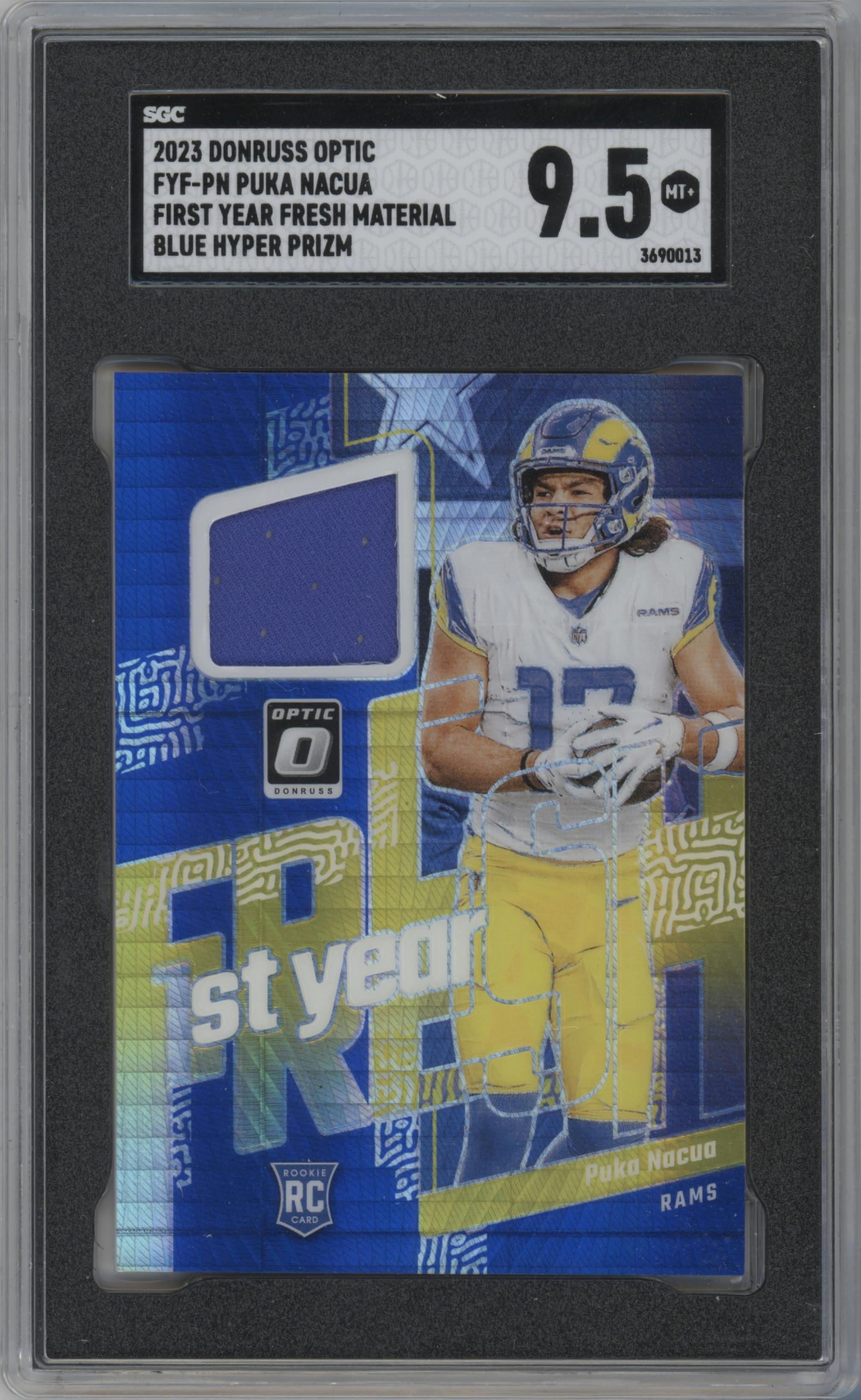 Puka Nacua from the 2023 Donruss Optic set featuring a Blue Hyper parallel graded by SGC and given an overall grade of 9.5.