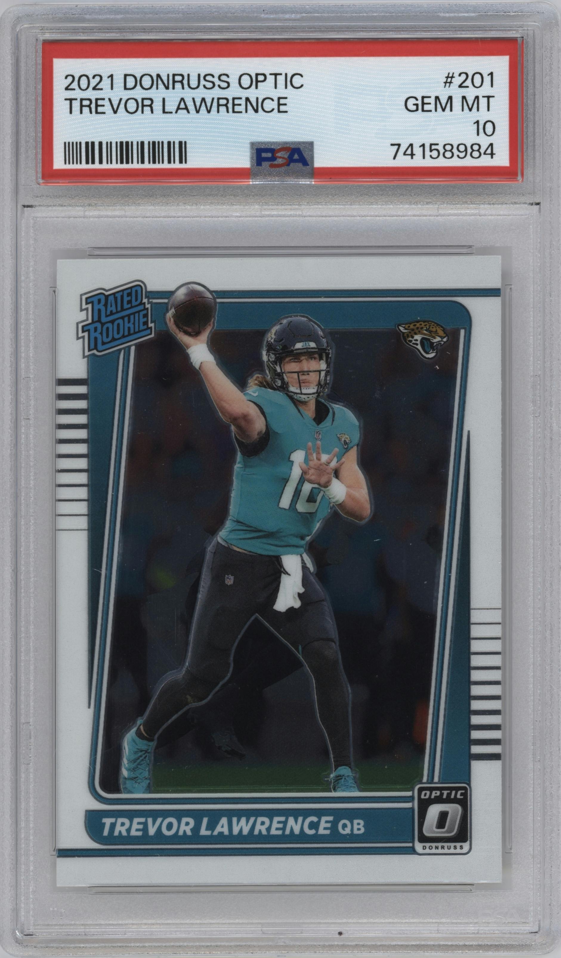 Trevor Lawrence from the 2021 Panini Donruss Optic set graded by PSA and given an overall grade of 10.