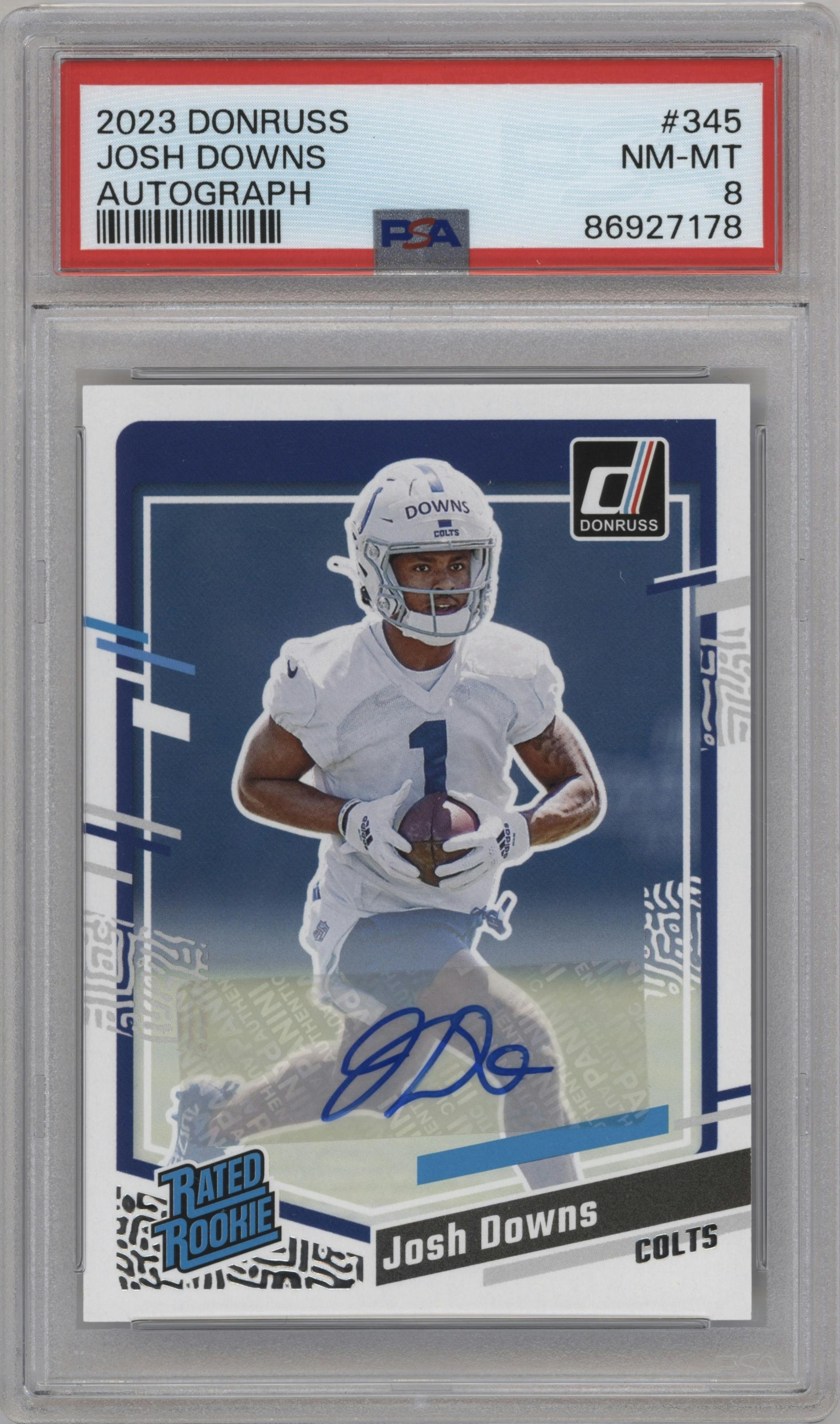Josh Downs from the 2023 Panini Donruss set graded by PSA and given an overall grade of 8.
