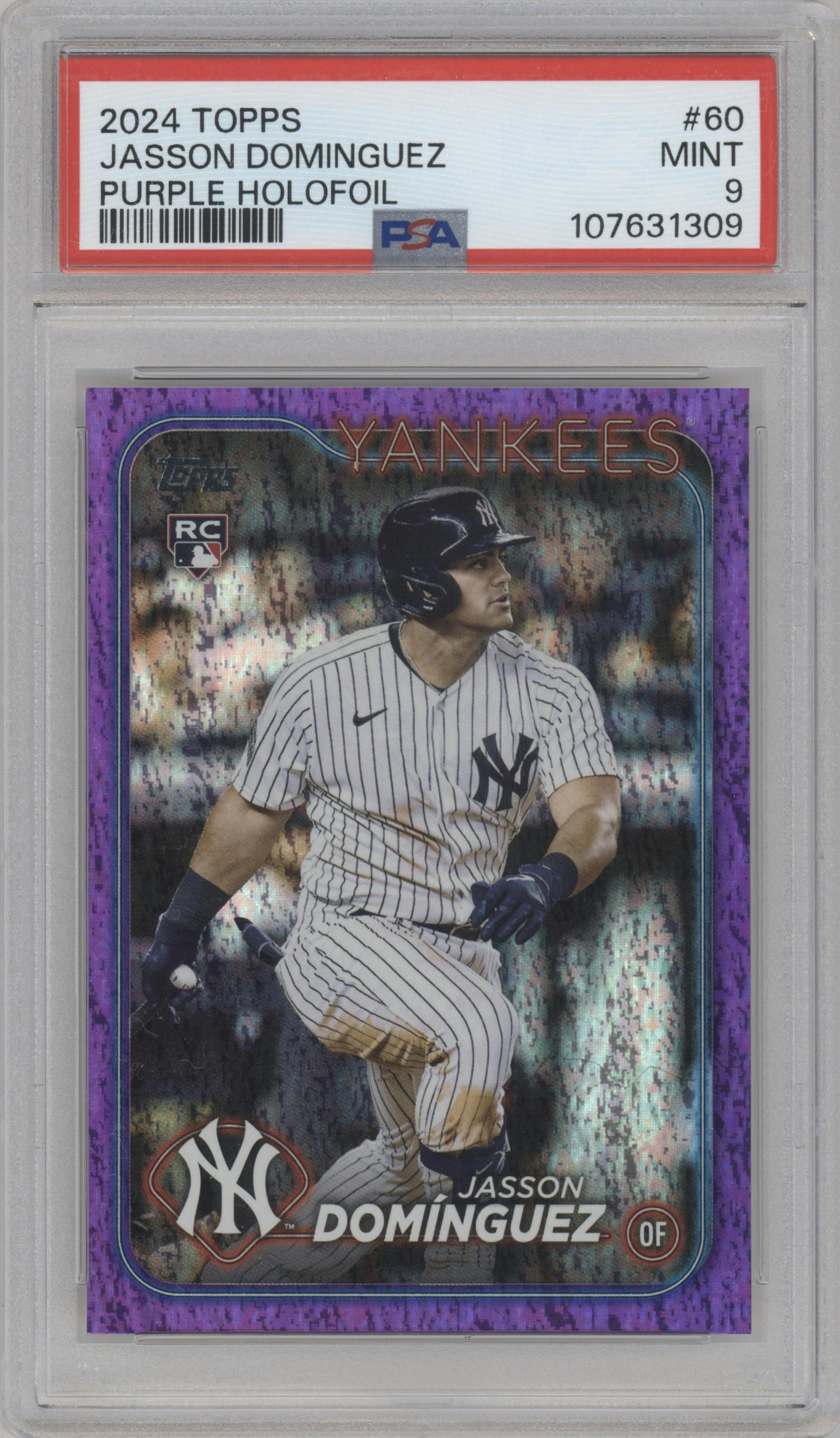 Jasson Dominguez from the 2024 Topps  set featuring a Purple Holofoil parallel graded by PSA and given an overall grade of 9.