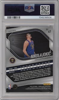 Nikola Jokic from the 2024-25 Panini Prizm Black set featuring a Gold Prizm parallel graded by PSA and given an overall grade of 10.