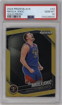 Nikola Jokic from the 2024-25 Panini Prizm Black set featuring a Gold Prizm parallel graded by PSA and given an overall grade of 10.