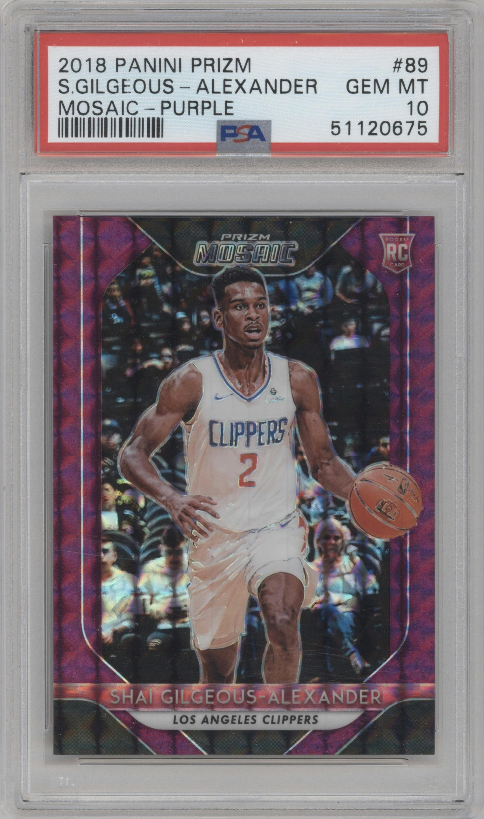 Shai Gilgeous-Alexander from the 2018-19 Panini Prizm Mosaic set featuring a Purple parallel graded by PSA and given an overall grade of 10.