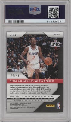 Shai Gilgeous-Alexander from the 2018-19 Panini Prizm Mosaic set featuring a Purple parallel graded by PSA and given an overall grade of 10.