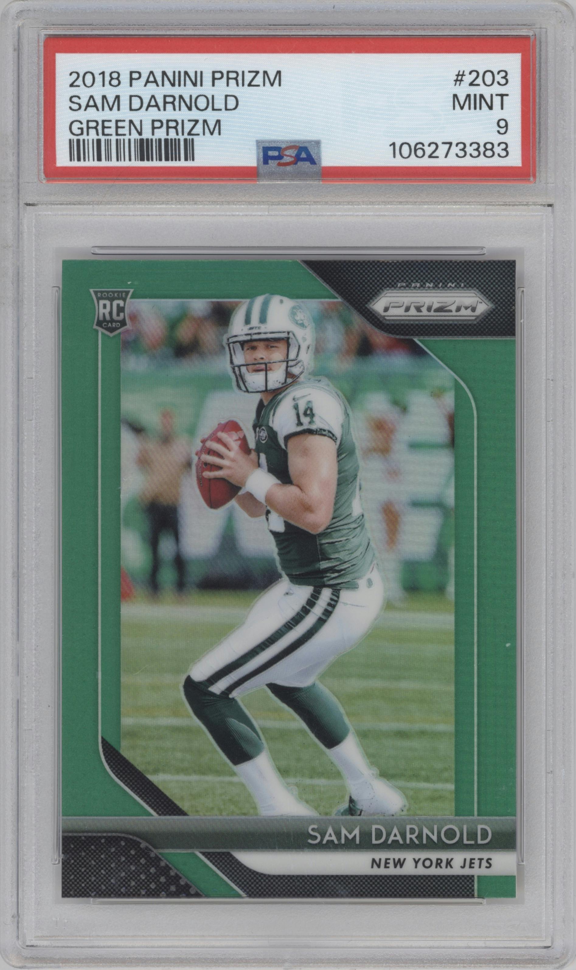 Sam Darnold from the 2018 Panini Prizm set featuring a Green  Prizm parallel graded by PSA and given an overall grade of 9.