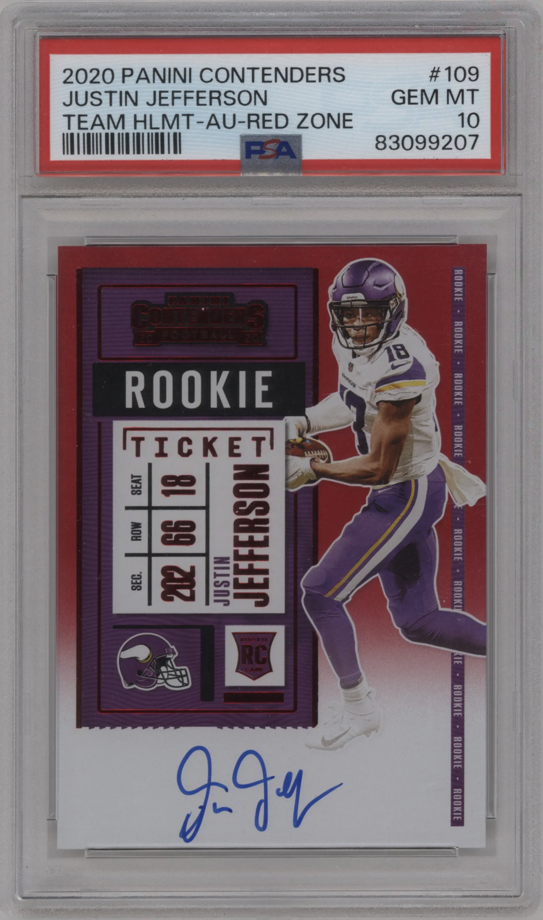 2020 Panini Contenders Rke.Tkt.RPS Var. Justin Jefferson Red Zone Ticket FOTL #109 PSA 10