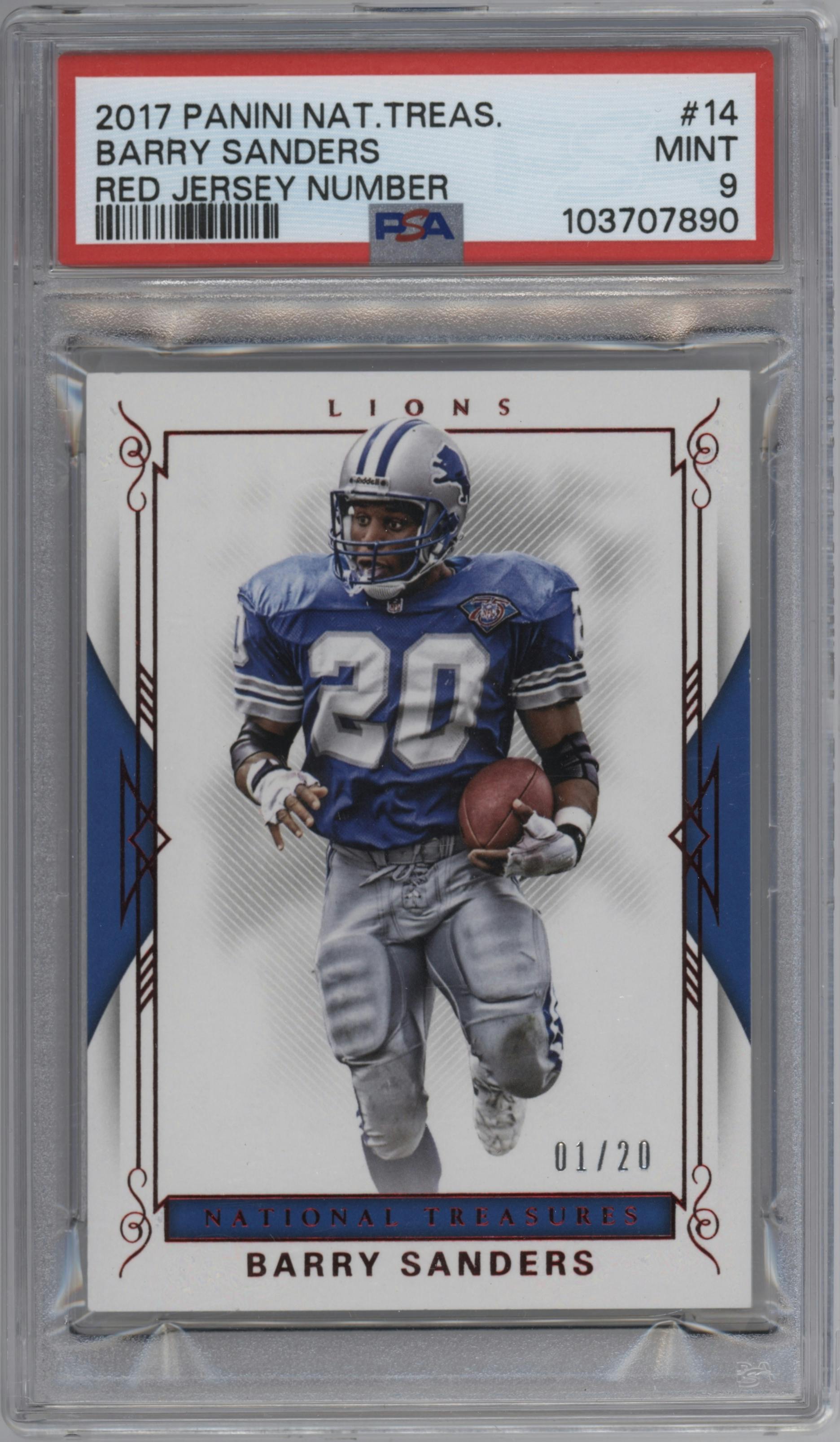 Barry Sanders from the 2017 Panini National Treasures set featuring a Jersey Number Red parallel graded by PSA and given an overall grade of 9.