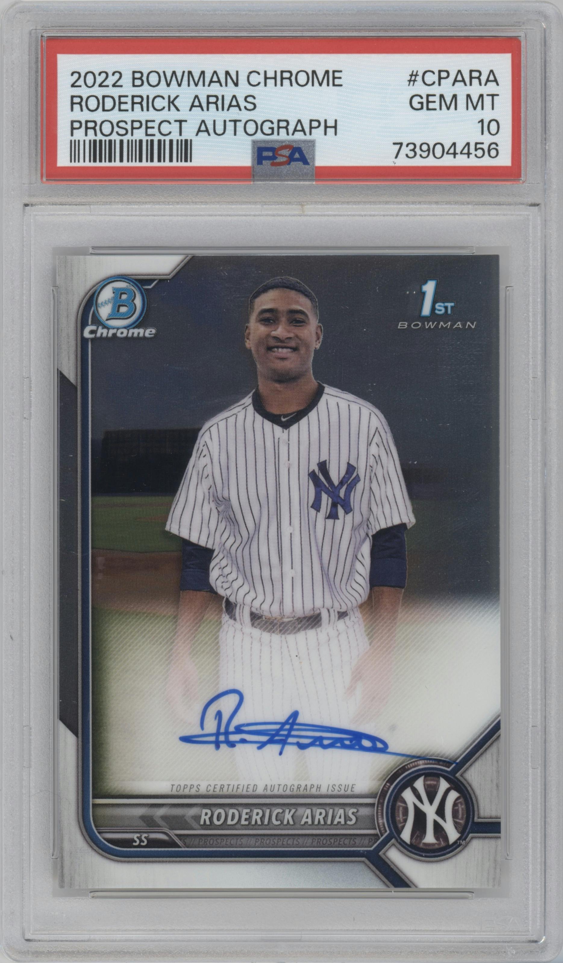 Roderick Arias from the 2022 Bowman Chrome set graded by PSA and given an overall grade of 10.
