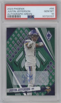 Justin Jefferson from the 2023 Panini Phoenix set featuring a Green parallel graded by PSA and given an overall grade of 10.