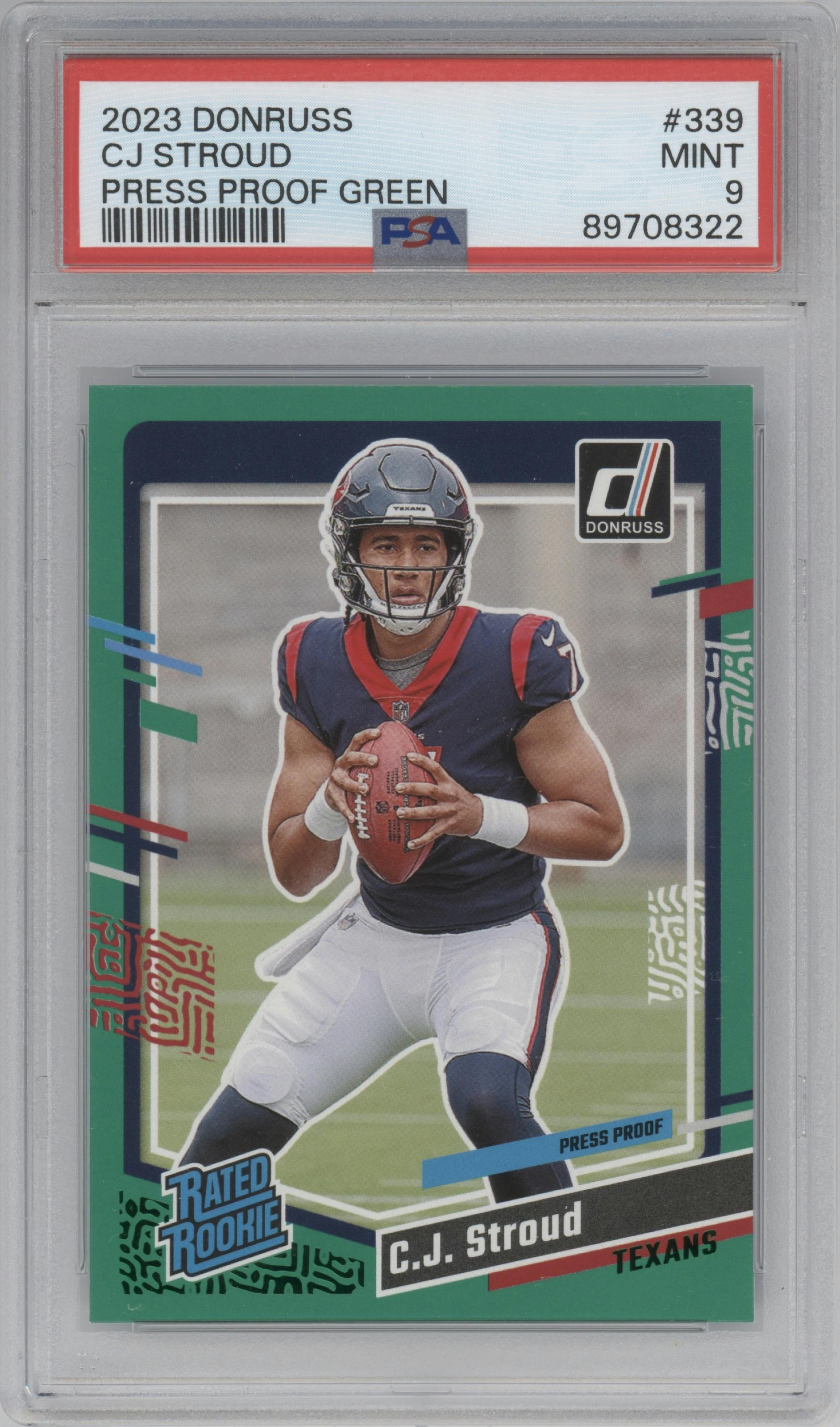 C.J. Stroud from the 2023 Panini Donruss set featuring a Press Proof Green parallel graded by PSA and given an overall grade of 9.