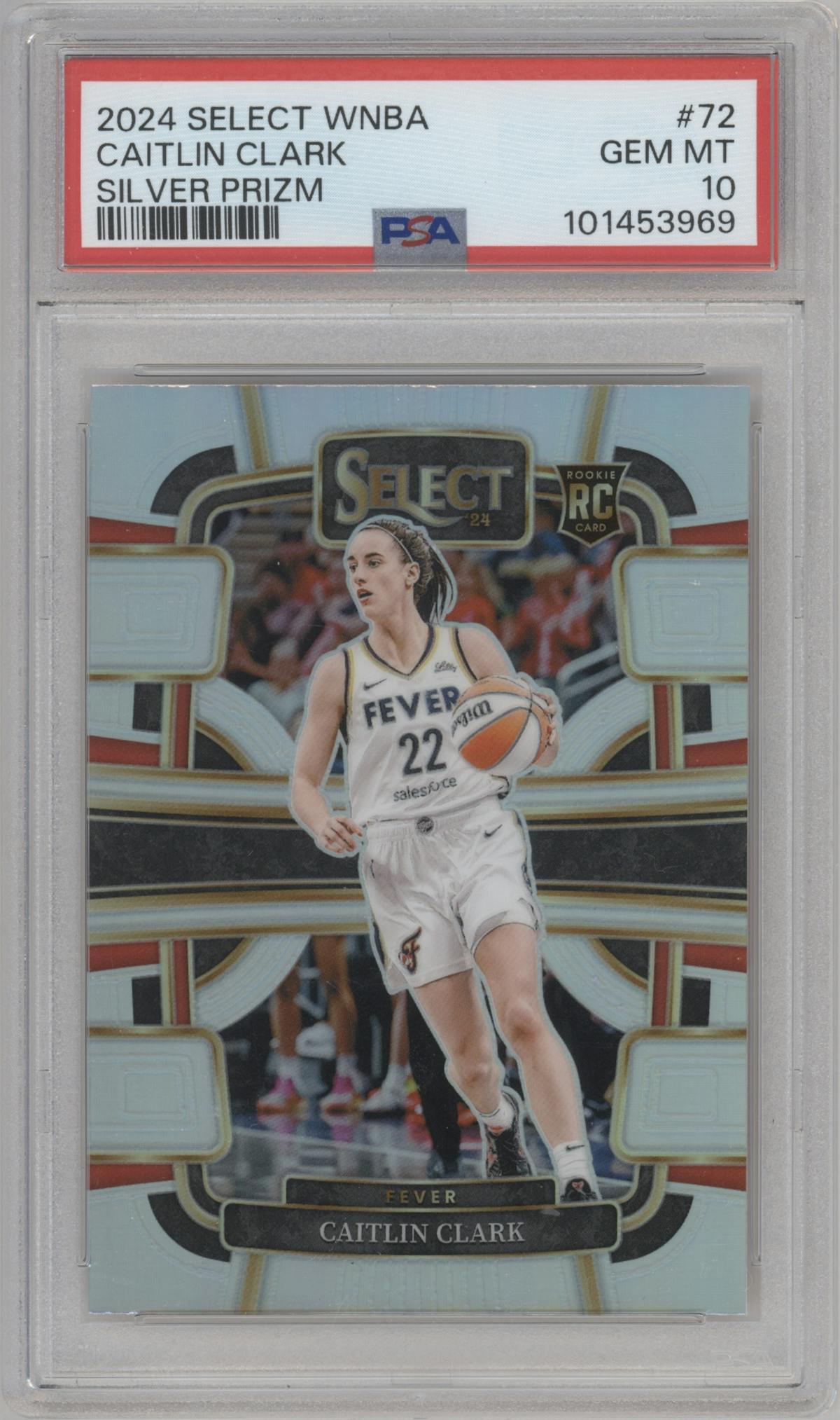 Caitlin Clark from the 2024 Panini Select WNBA set featuring a Silver Prizm parallel graded by PSA and given an overall grade of 10.