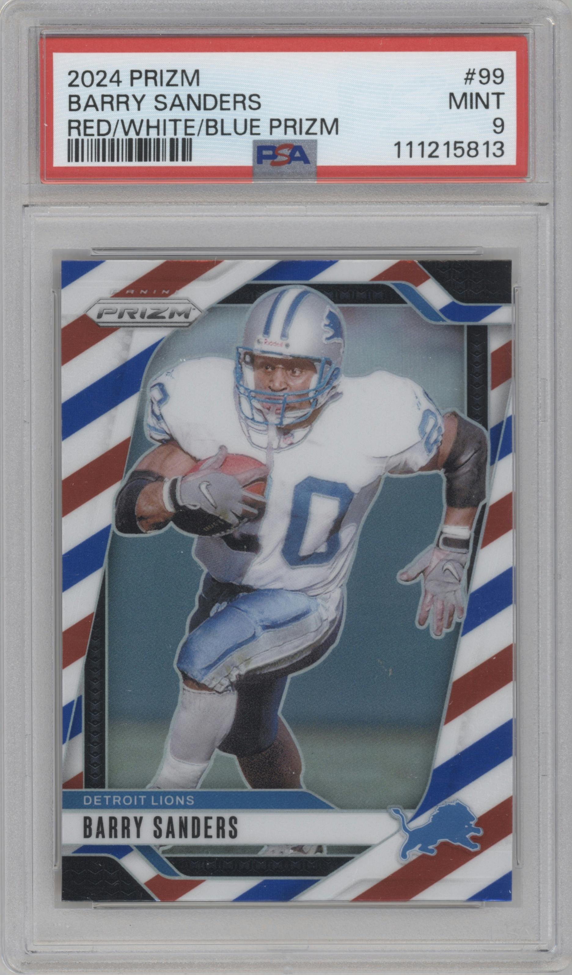 Barry Sanders from the 2024 Panini Prizm set featuring a Red White Blue Prizm parallel graded by PSA and given an overall grade of 9.