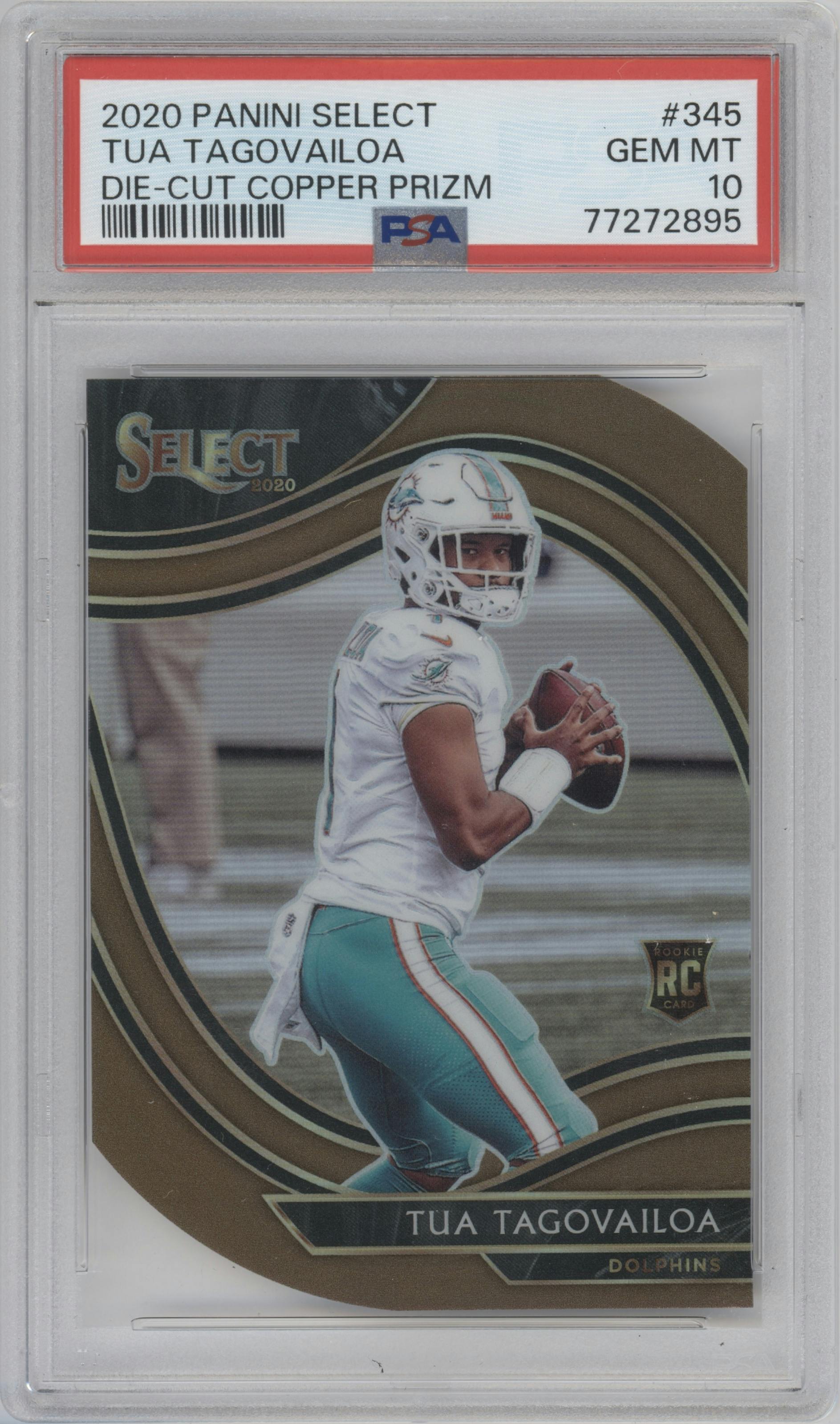 Tua Tagovailoa from the 2020 Panini Select set featuring a Die-Cut Copper parallel graded by PSA and given an overall grade of 10.
