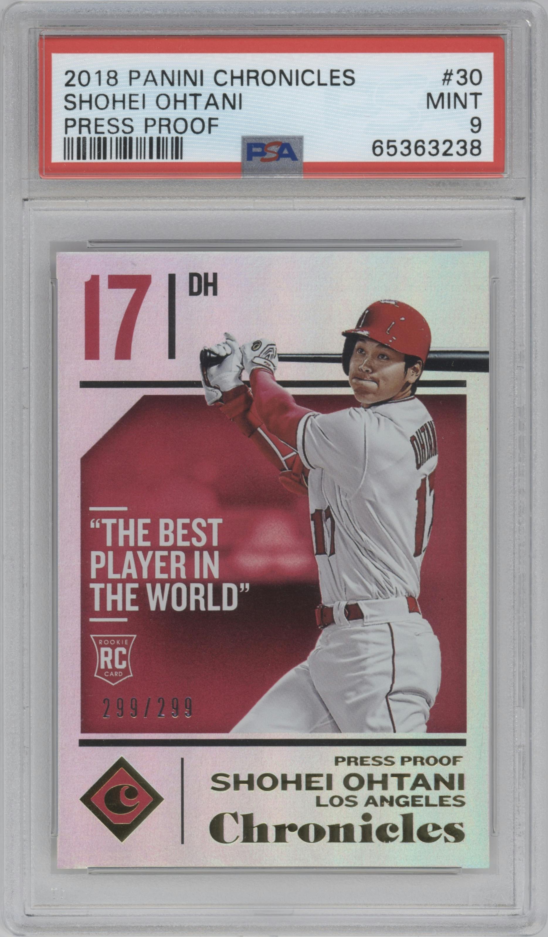 Shohei Ohtani from the 2018 Panini Chronicles set featuring a Press Proof parallel graded by PSA and given an overall grade of 9.