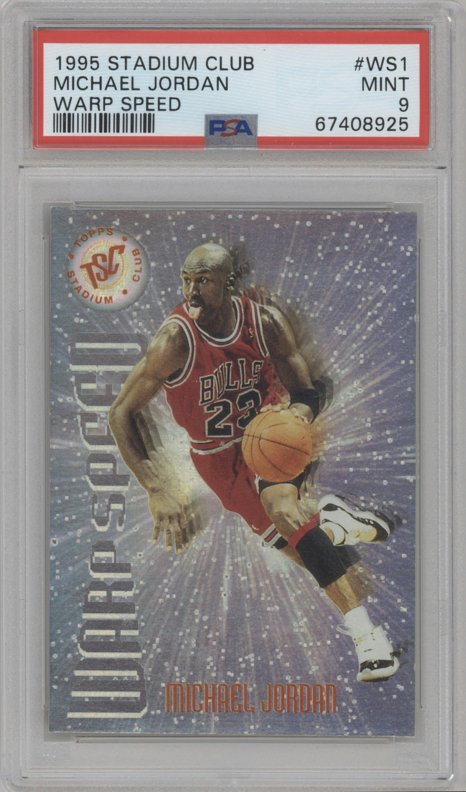 Michael Jordan from the 1995-96 Topps Stadium Club set graded by PSA and given an overall grade of 9.