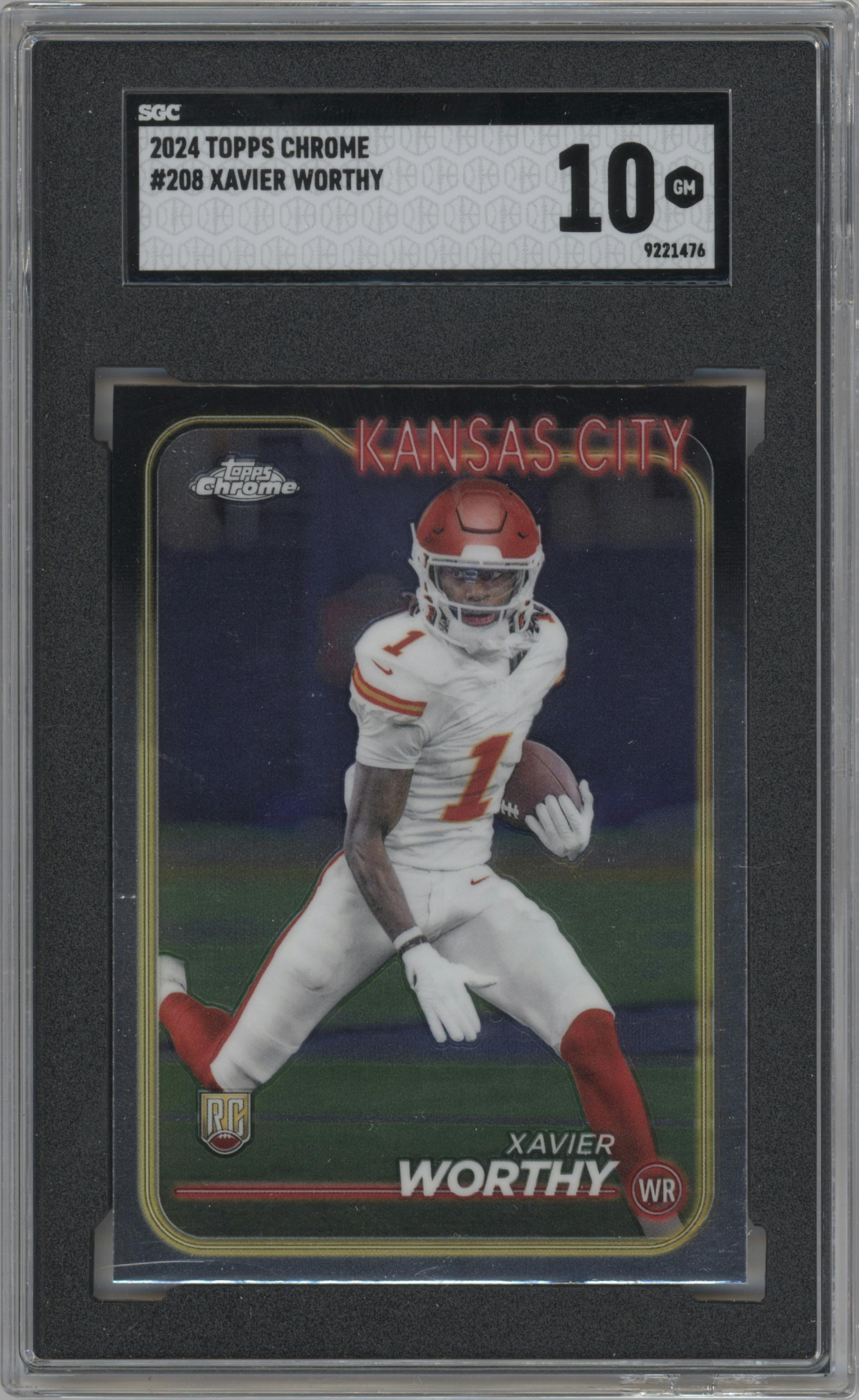Xavier Worthy from the 2024 Topps Chrome set graded by SGC and given an overall grade of 10.