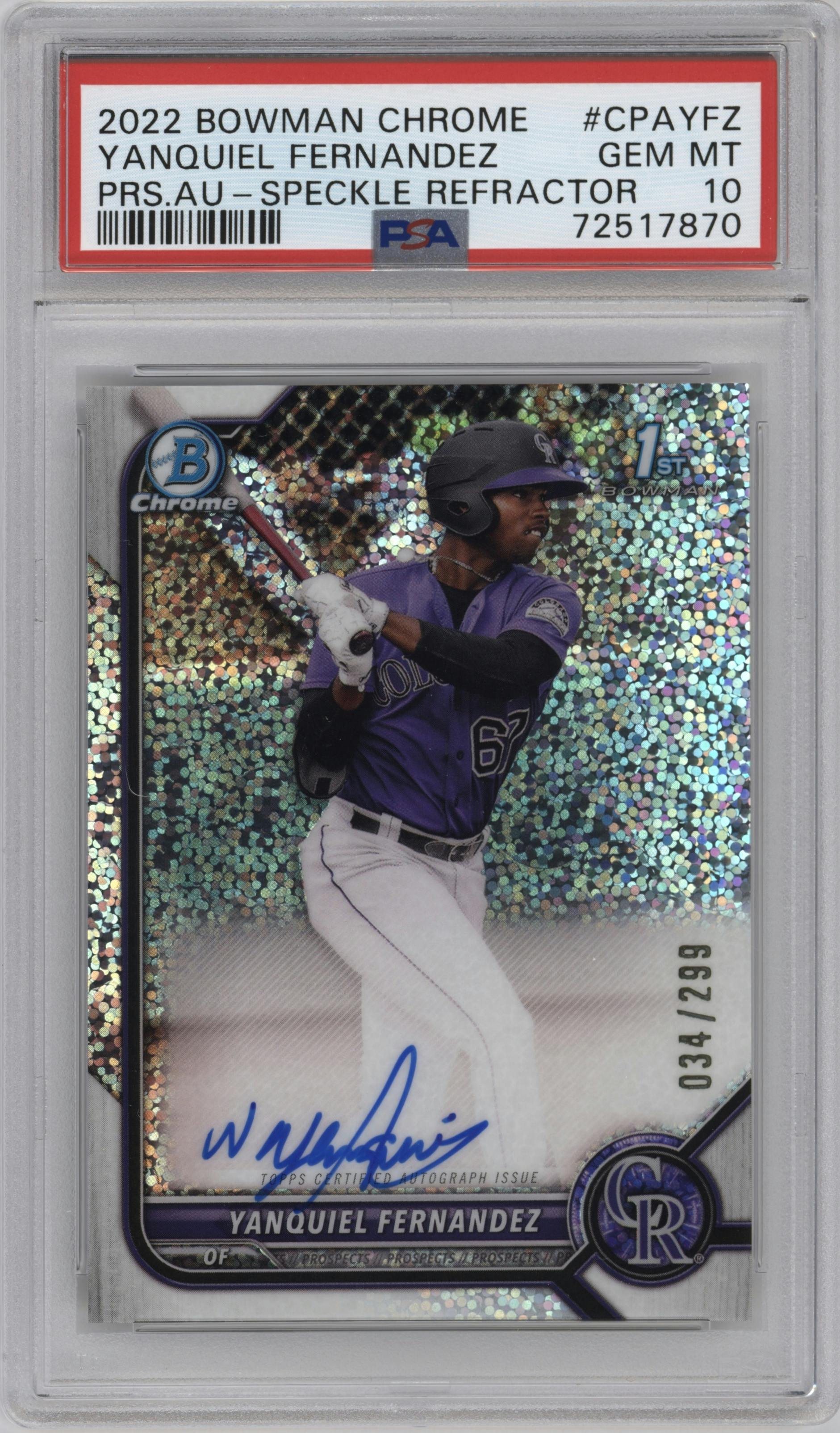 Yanquiel Fernandez from the 2022 Bowman Chrome set featuring a Speckle Refractor parallel graded by PSA and given an overall grade of 10.