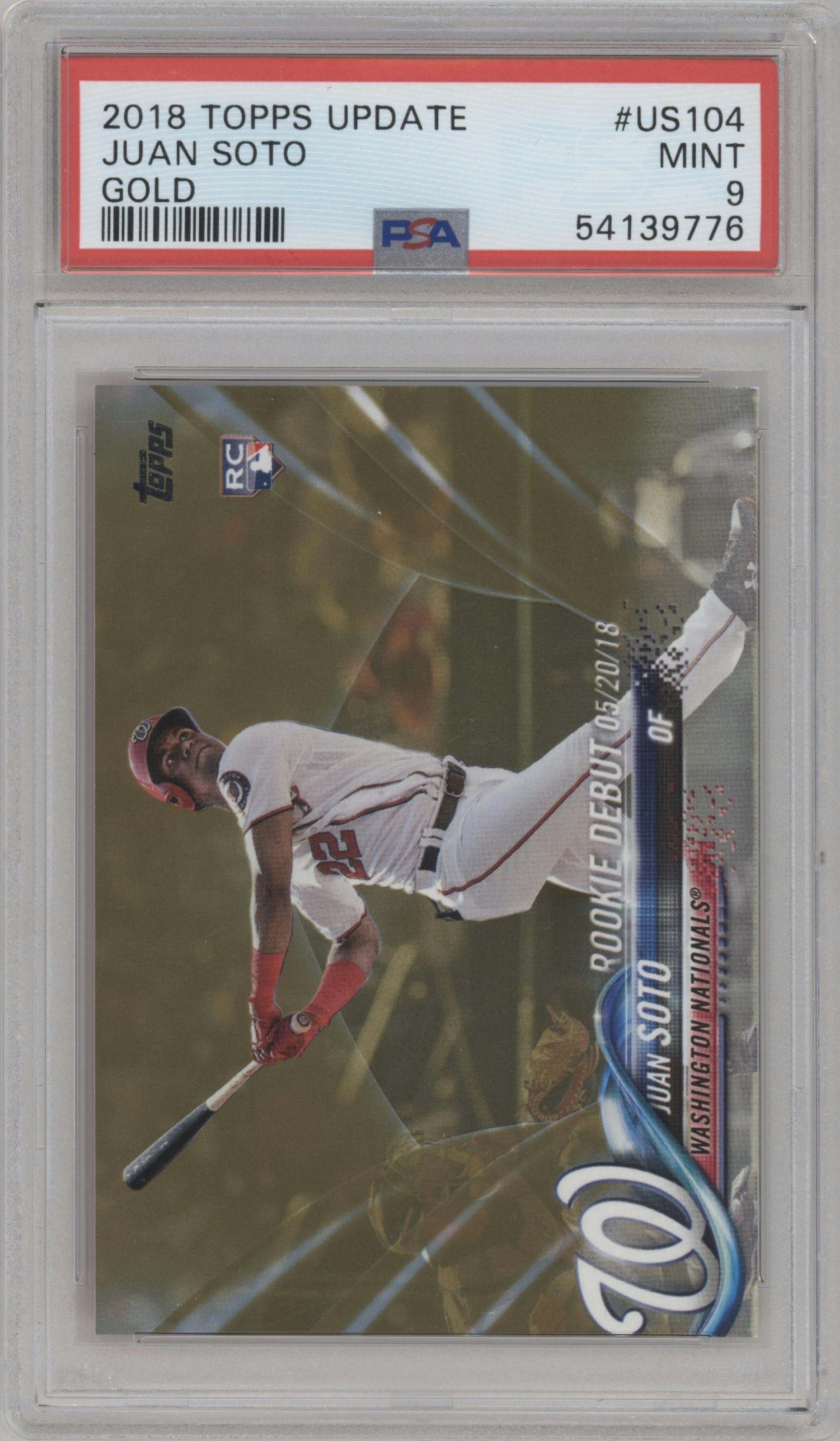 Juan Soto from the 2018 Topps Update set featuring a Gold parallel graded by PSA and given an overall grade of 9.