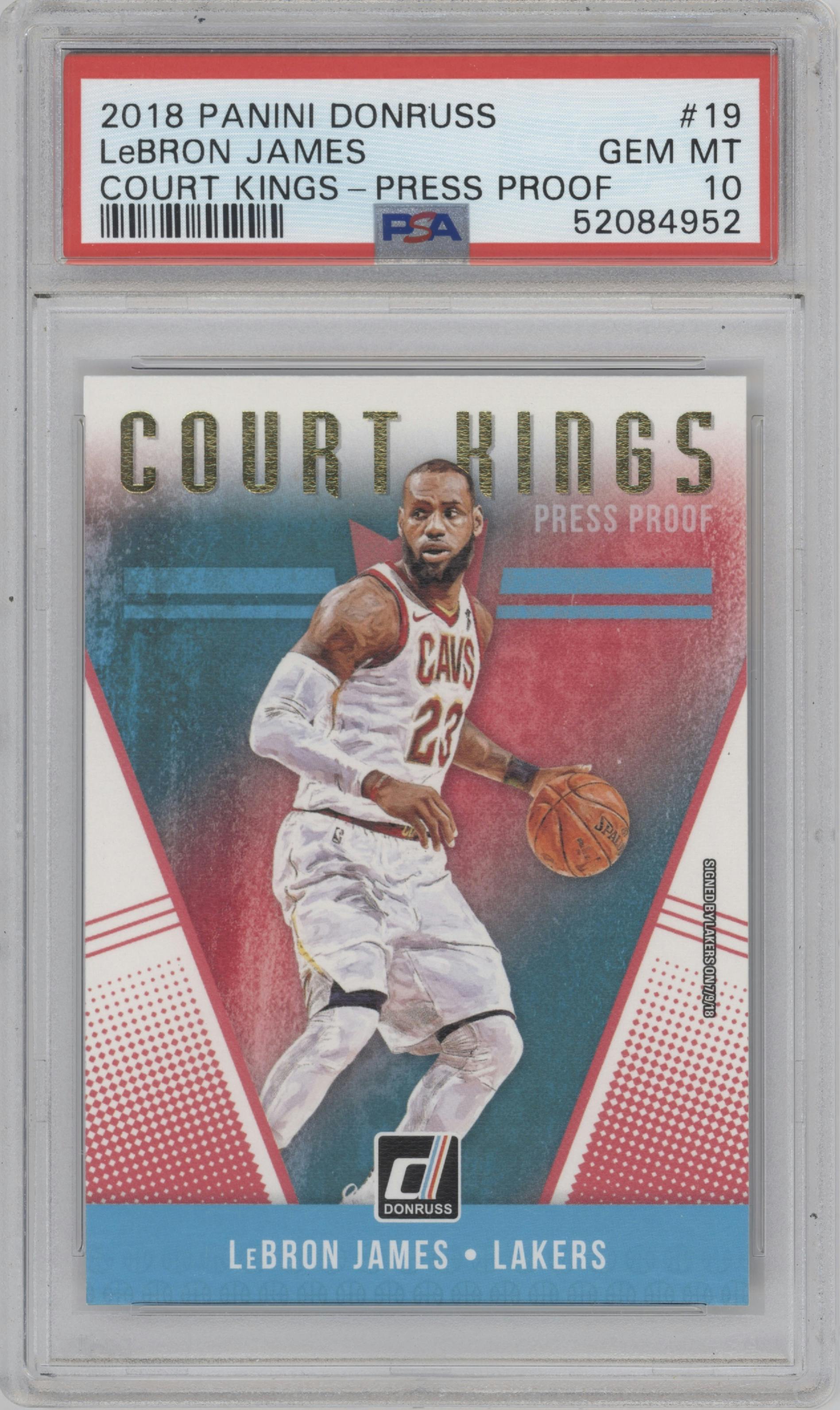 LeBron James from the 2018-19 Panini Donruss  set featuring a Press Proof parallel graded by PSA and given an overall grade of 10.