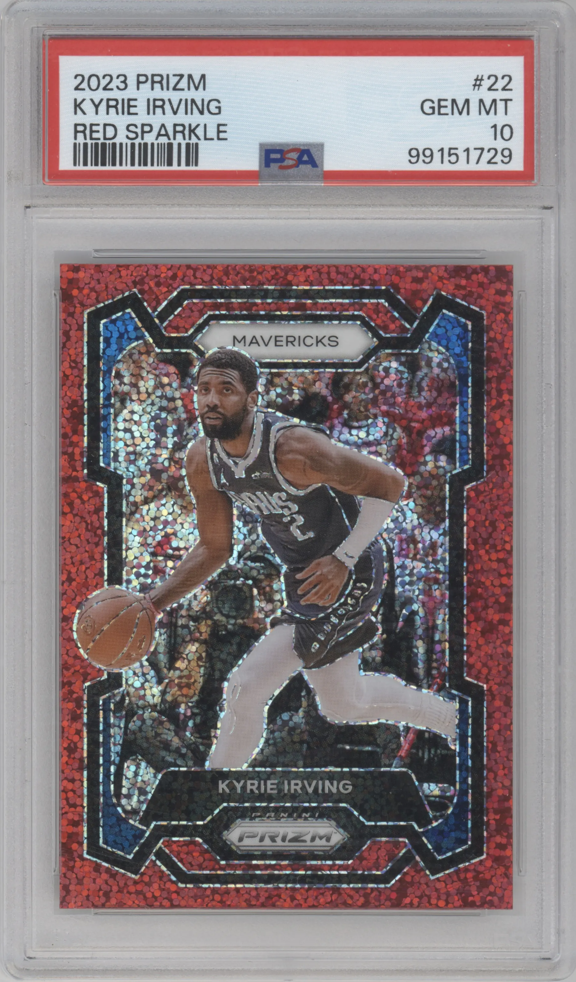 Kyrie Irving from the 2023-24 Panini Prizm set featuring a Red Sparkle parallel graded by PSA and given an overall grade of 10.
