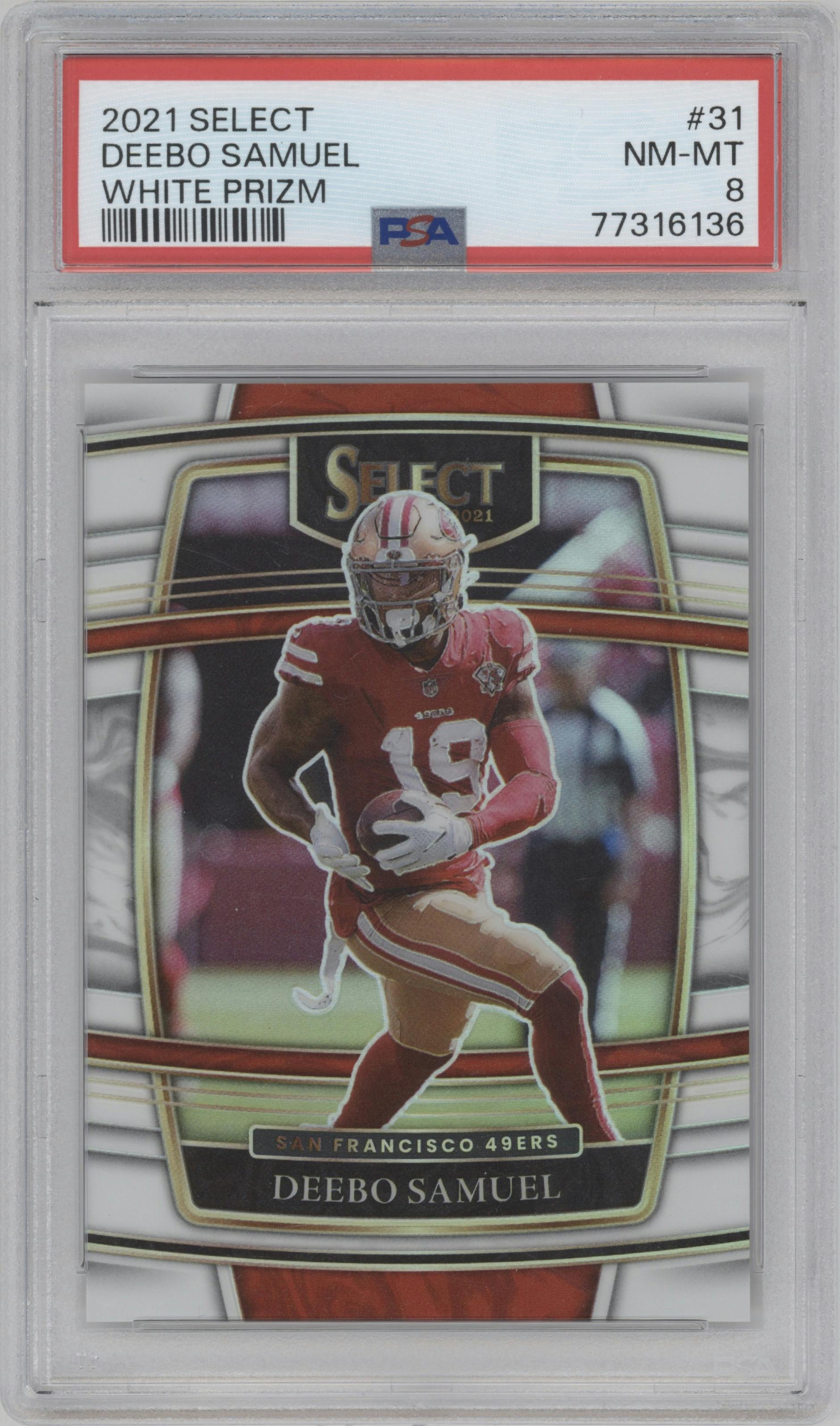 Deebo Samuel from the 2021 Panini Select set featuring a White Prizm parallel graded by PSA and given an overall grade of 8.
