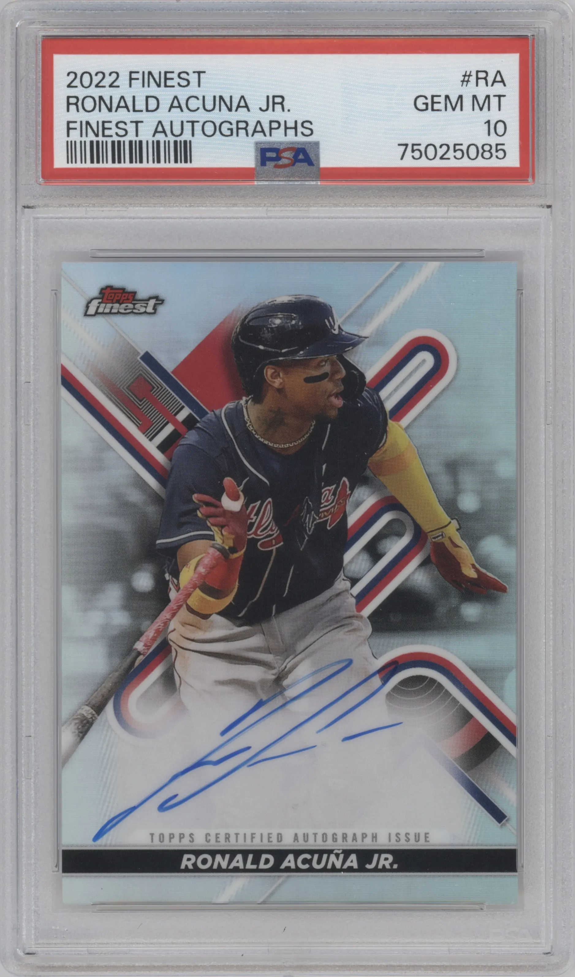 Ronald Acuna Jr. from the 2022 Topps Finest set graded by PSA and given an overall grade of 10.