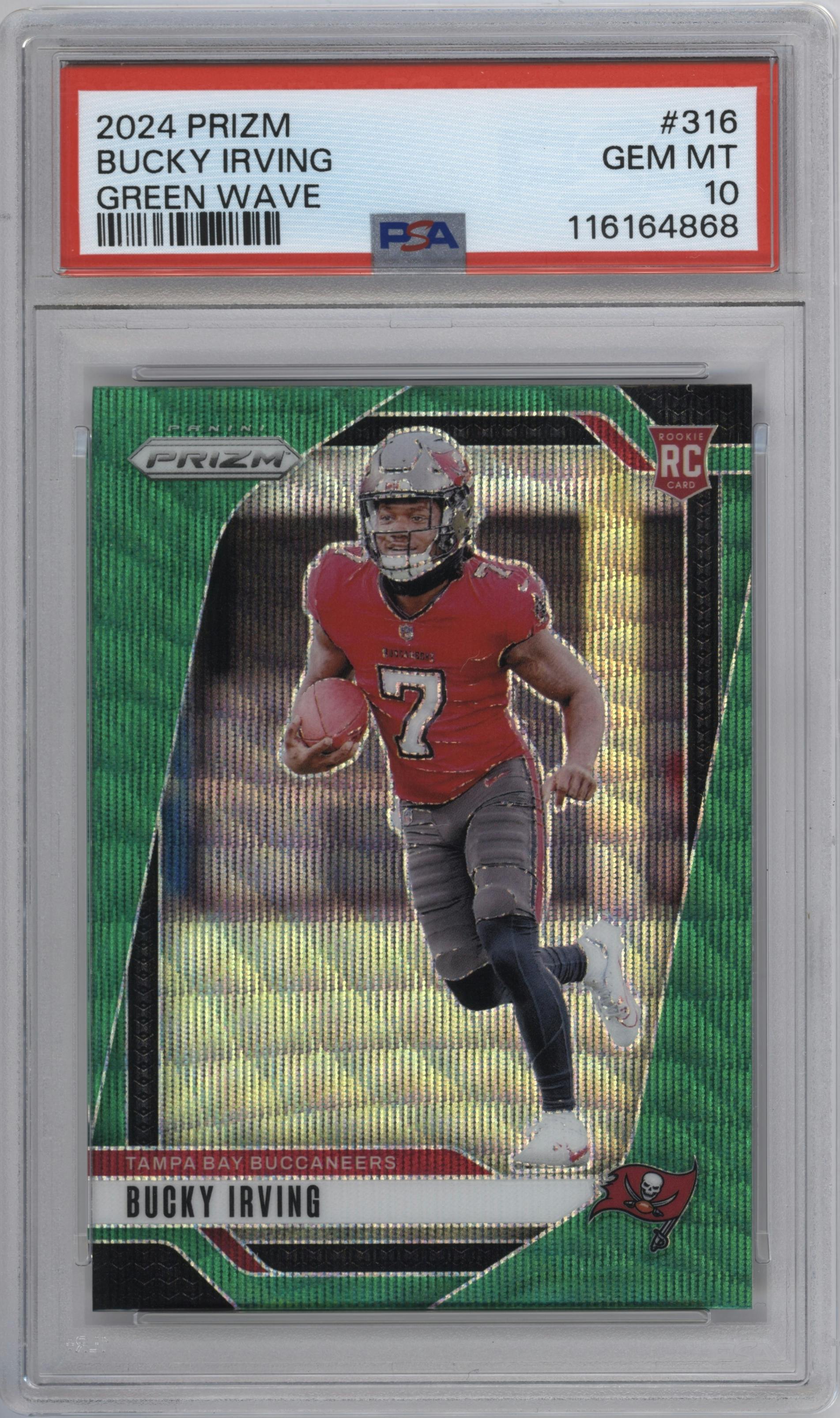 Bucky Irving from the 2024 Panini Prizm set featuring a Green Wave parallel graded by PSA and given an overall grade of 10.