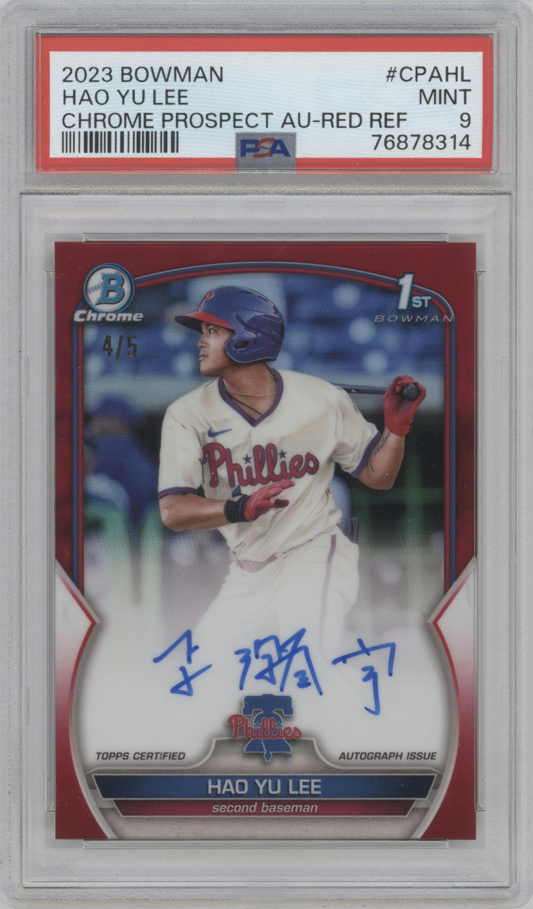 Hao Yu Lee from the 2023 Bowman  set featuring a Red Refractor parallel graded by PSA and given an overall grade of 9.