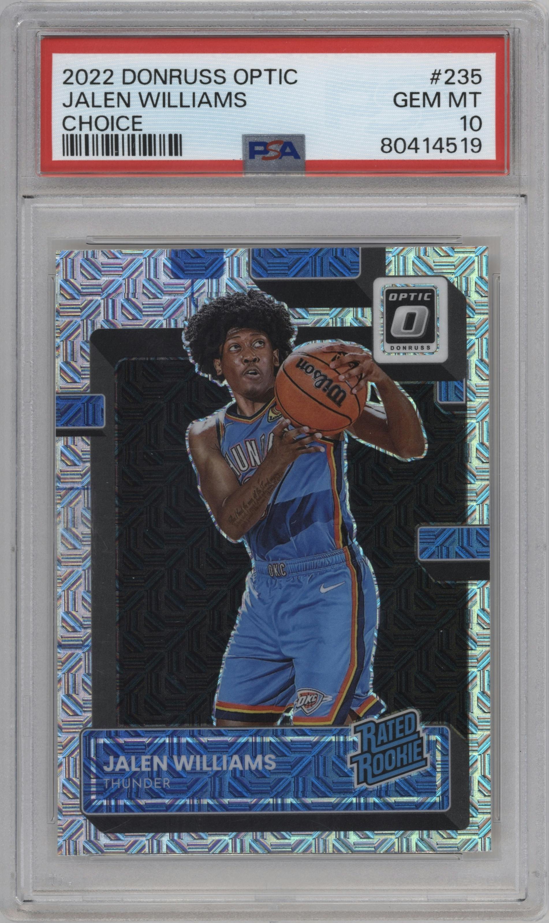 Jalen Williams from the 2022-23 Panini Donruss Optic  set featuring a Choice parallel graded by PSA and given an overall grade of 10.