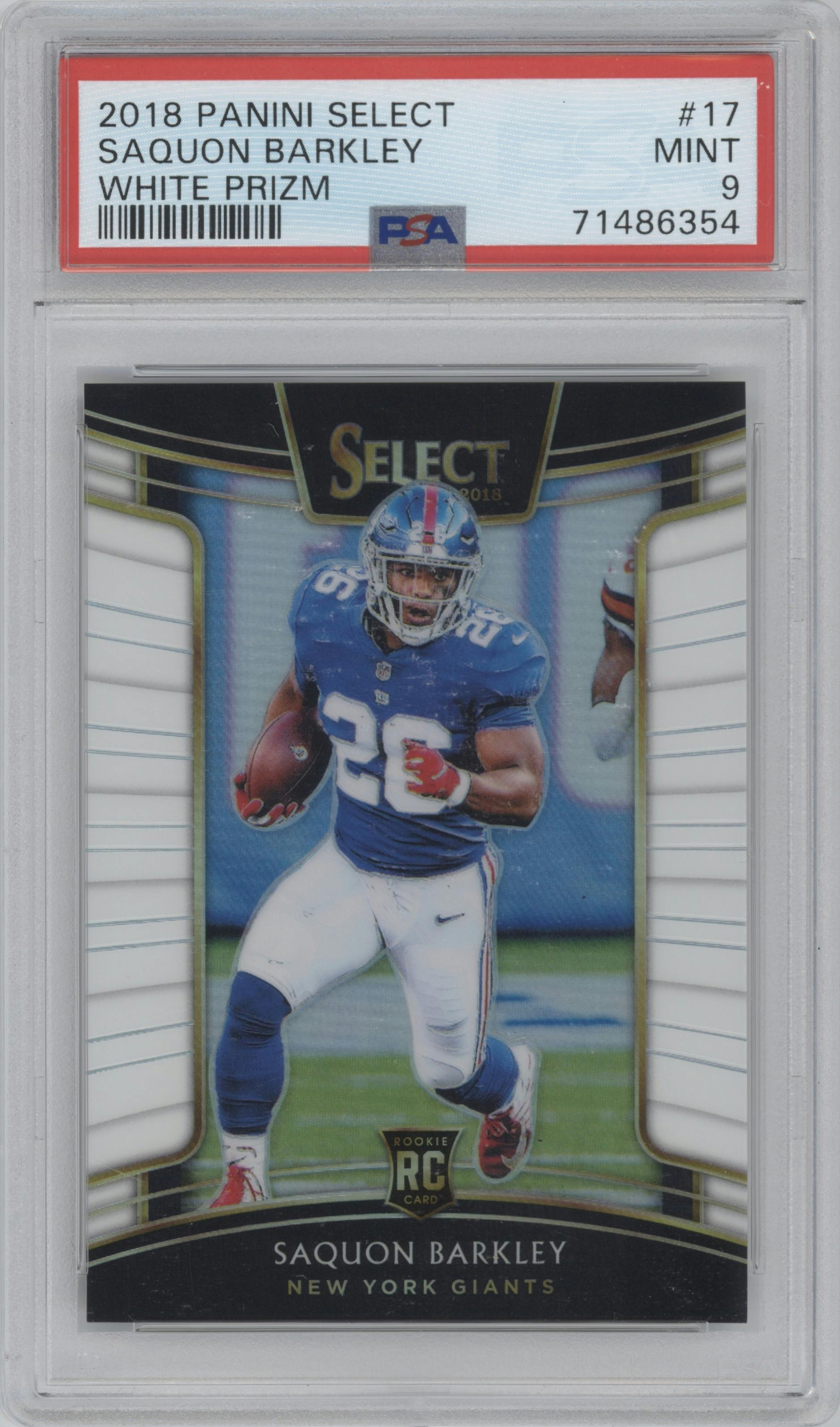 Saquon Barkley from the 2018 Panini Select set featuring a White Prizm parallel graded by PSA and given an overall grade of 9.