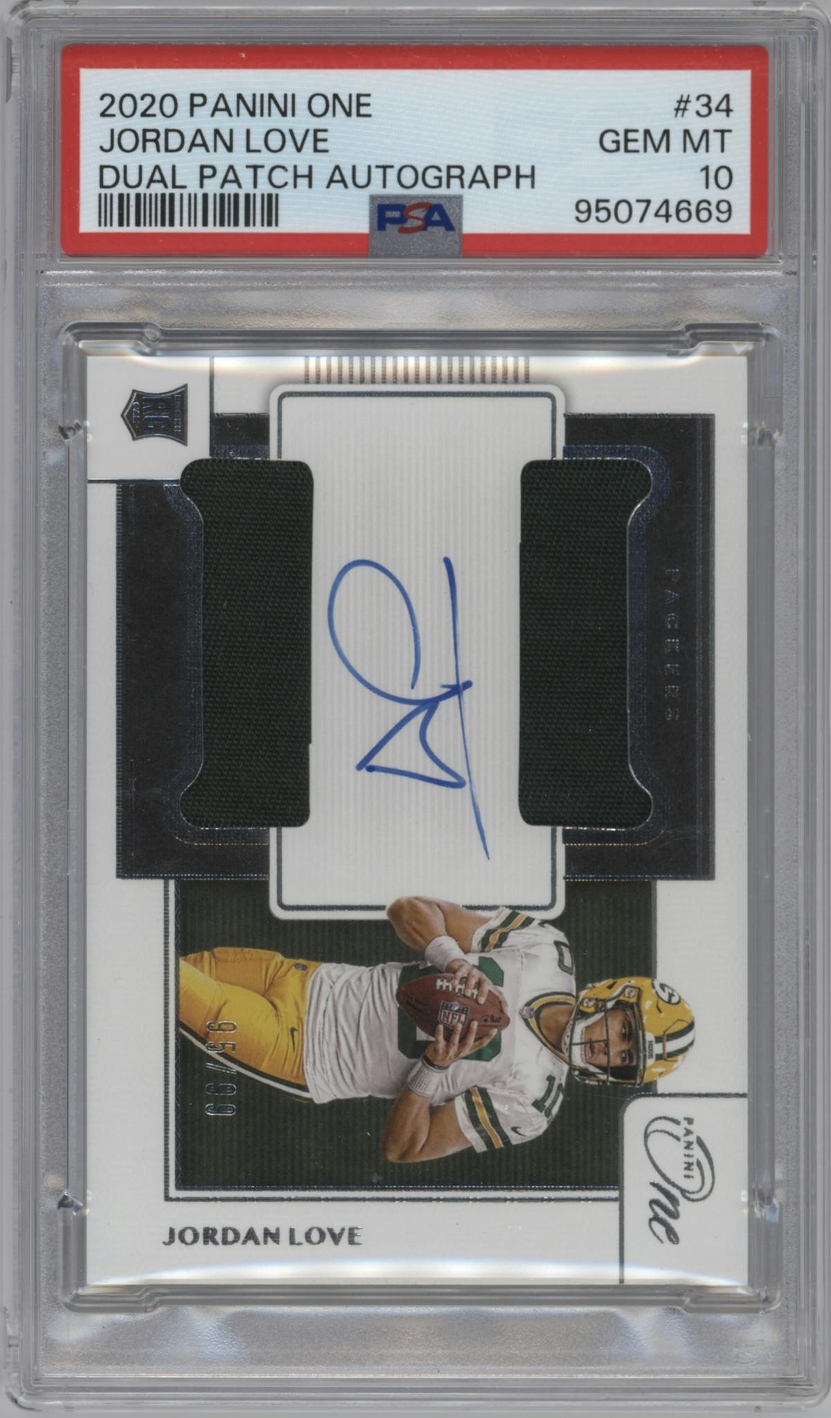 Jordan Love from the 2020 Panini One set graded by PSA and given an overall grade of 10.