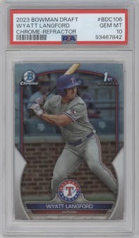 Wyatt Langford from the 2023 Bowman Draft set featuring a Refractor parallel graded by PSA and given an overall grade of 10.