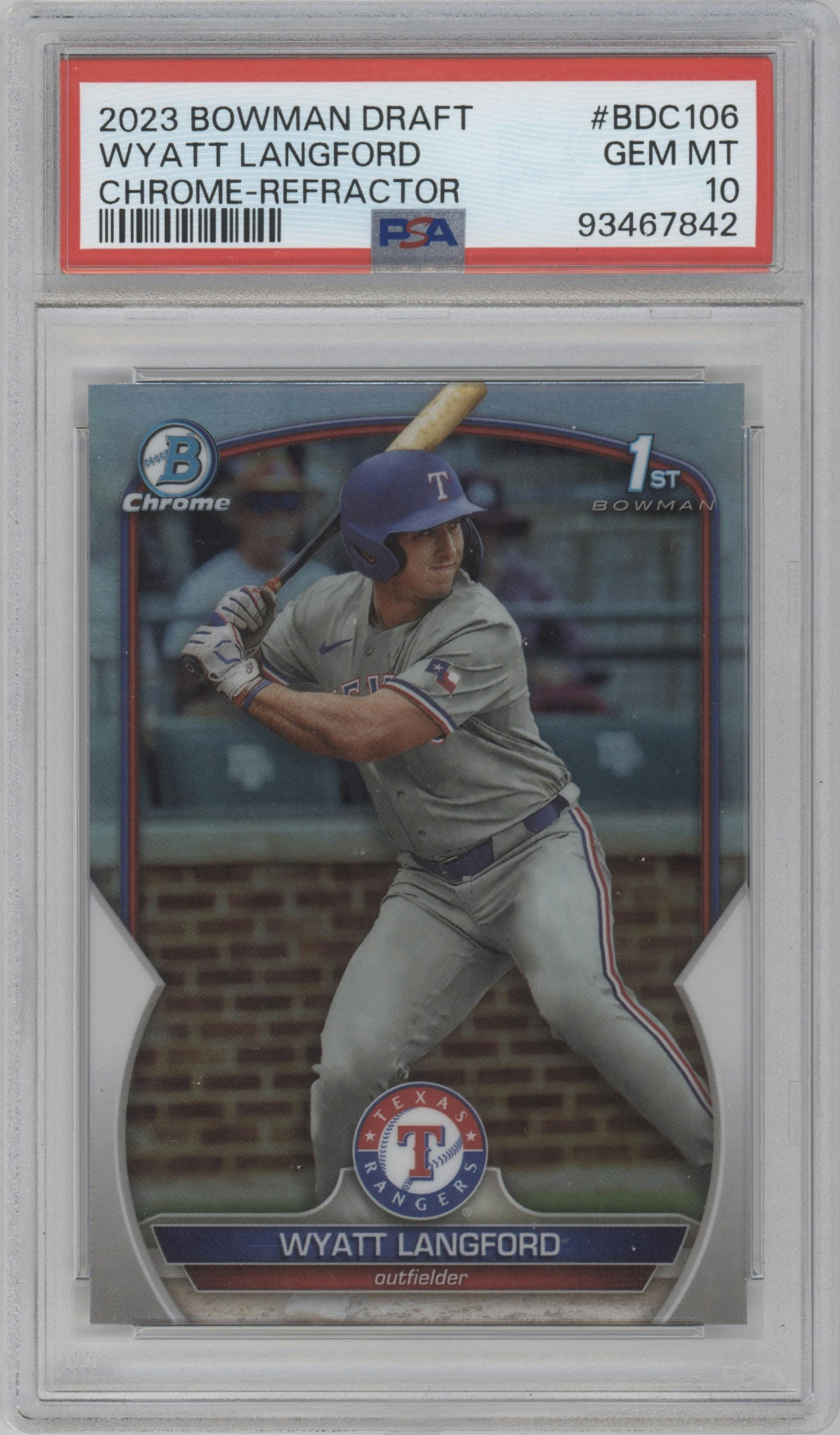 Wyatt Langford from the 2023 Bowman Draft set featuring a Refractor parallel graded by PSA and given an overall grade of 10.