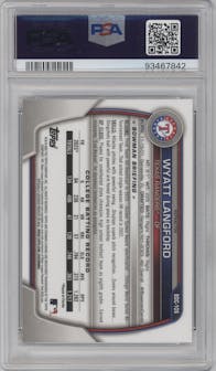 Wyatt Langford from the 2023 Bowman Draft set featuring a Refractor parallel graded by PSA and given an overall grade of 10.