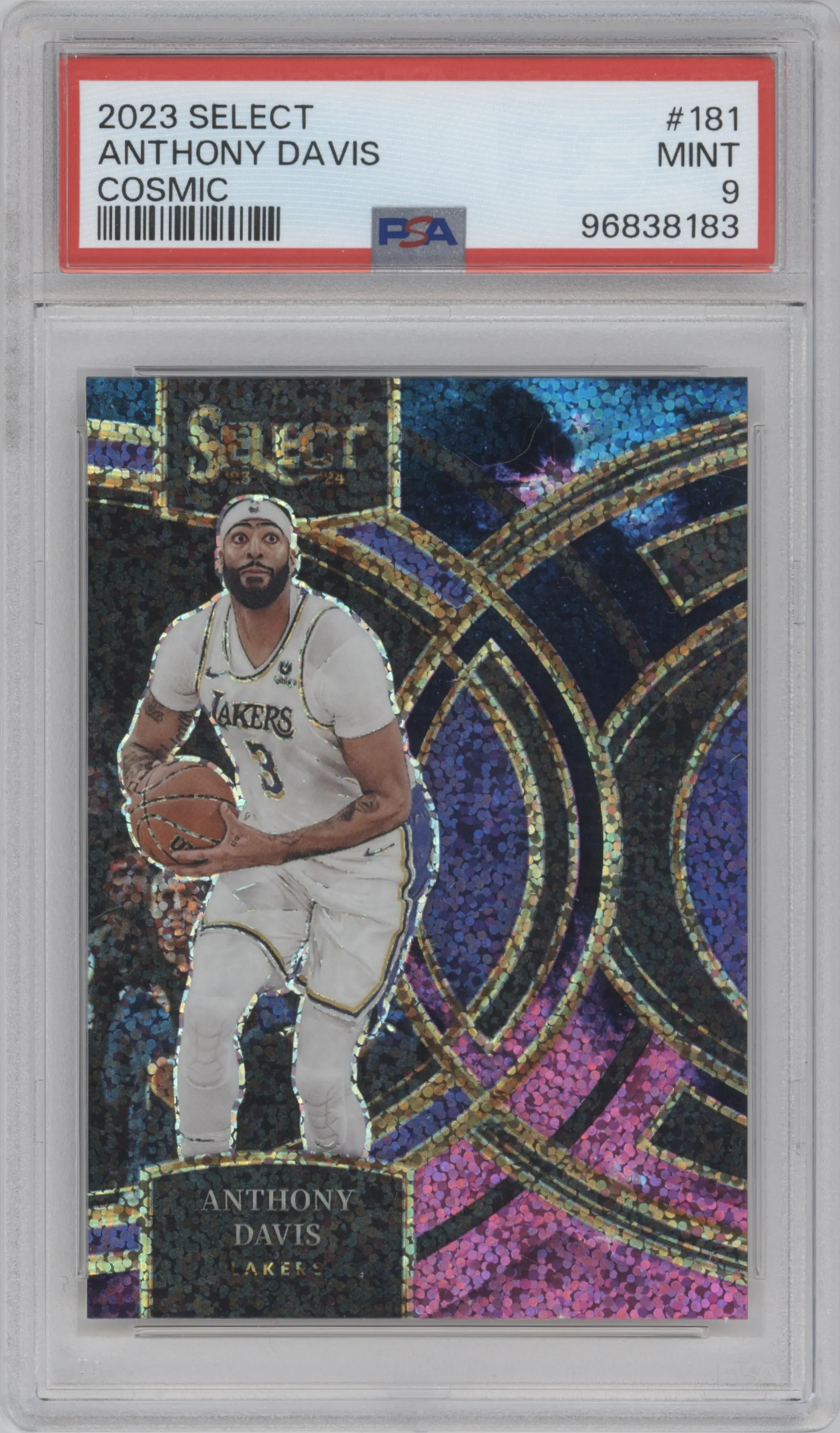 Anthony Davis from the 2023-24 Panini Select  set featuring a Cosmic Prizm parallel graded by PSA and given an overall grade of 9.