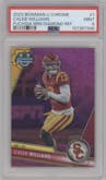 Caleb Williams from the 2023 Bowman Chrome University set featuring a  Fuschia Mini-Diamond Refractor parallel graded by PSA and given an overall grade of 9.