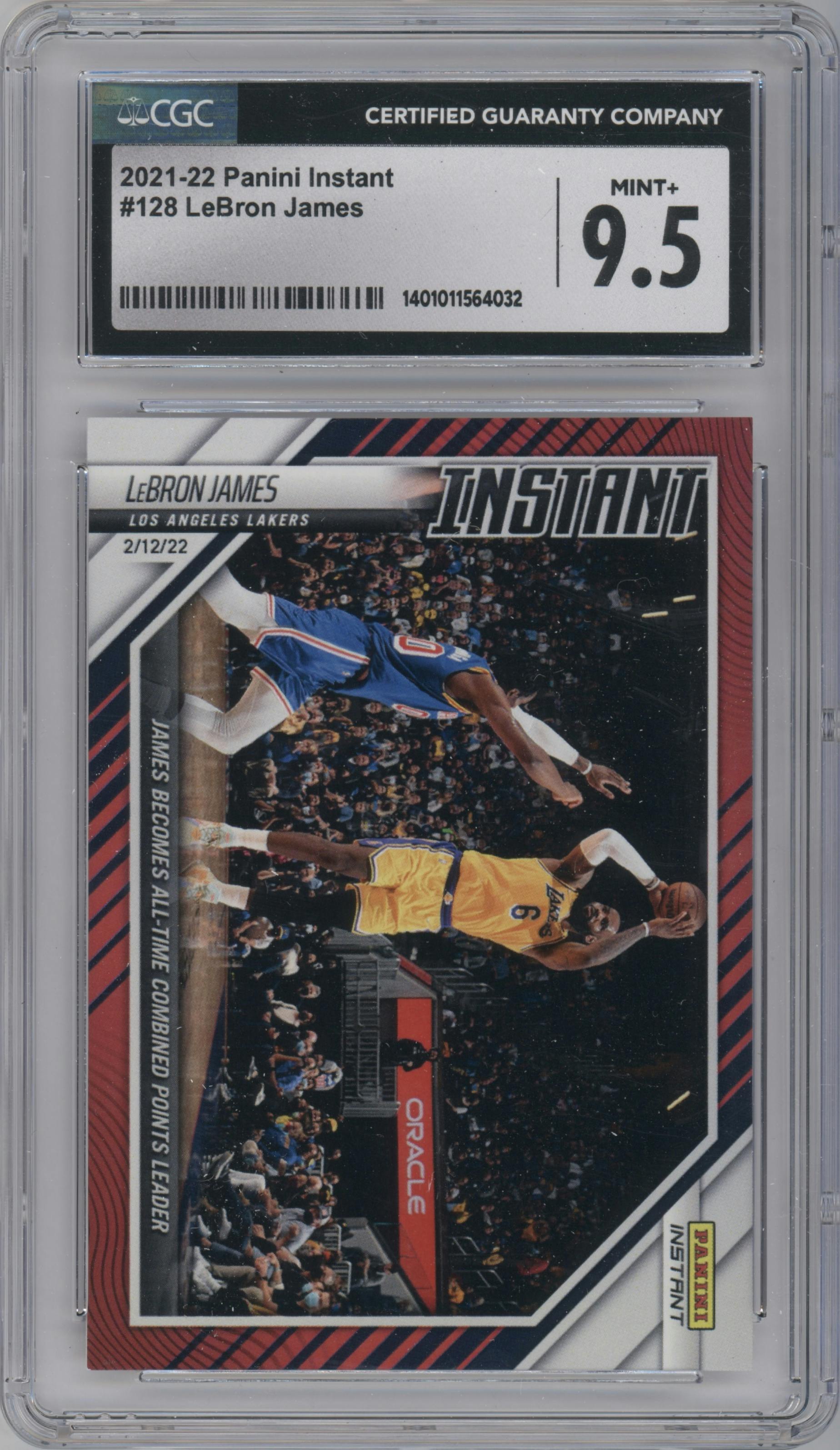 LeBron James from the 2021-22 Panini Instant NBA set featuring a Red parallel graded by CSG and given an overall grade of 9.5.