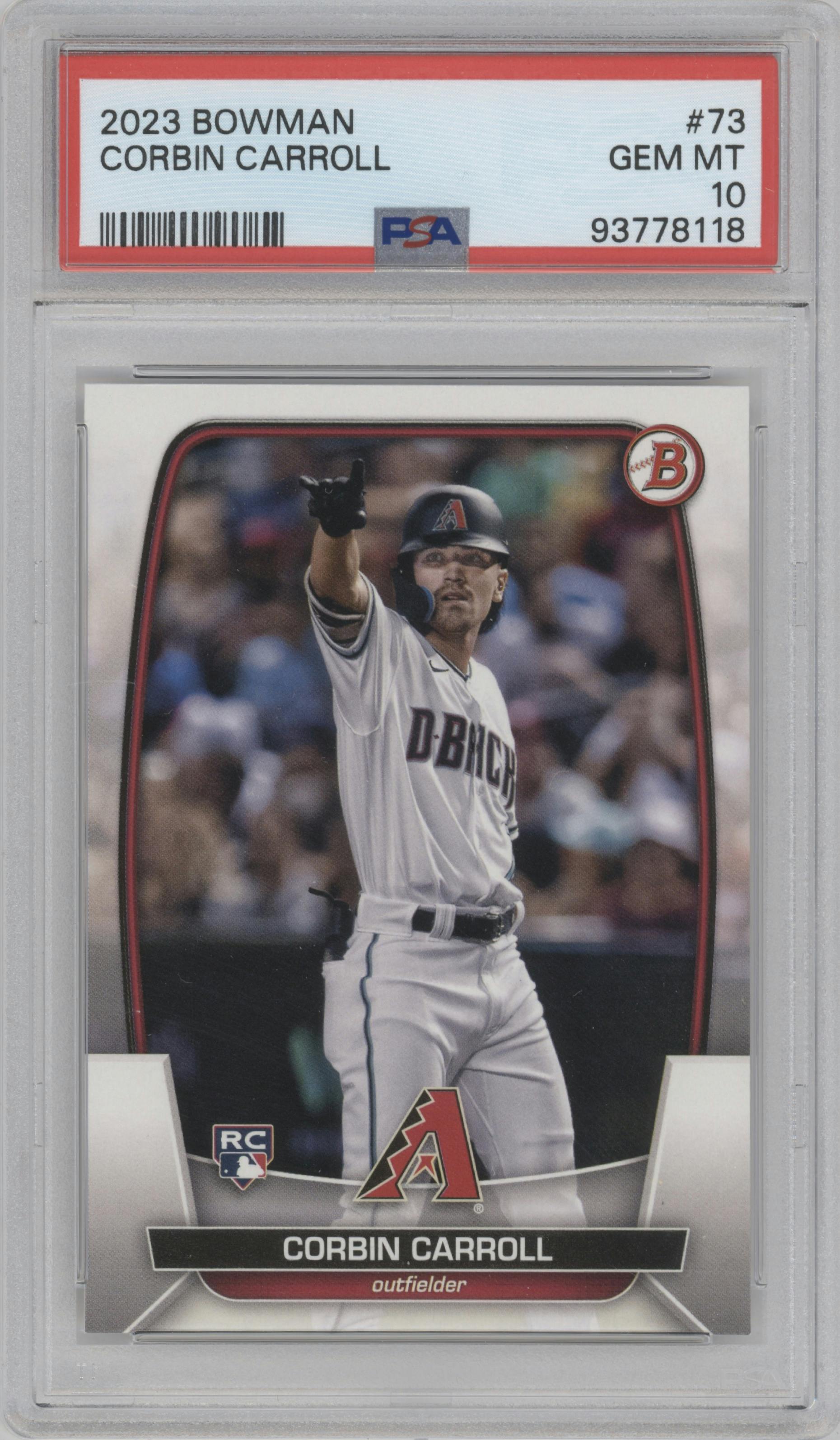 Corbin Carroll from the 2023 Bowman  set graded by PSA and given an overall grade of 10.