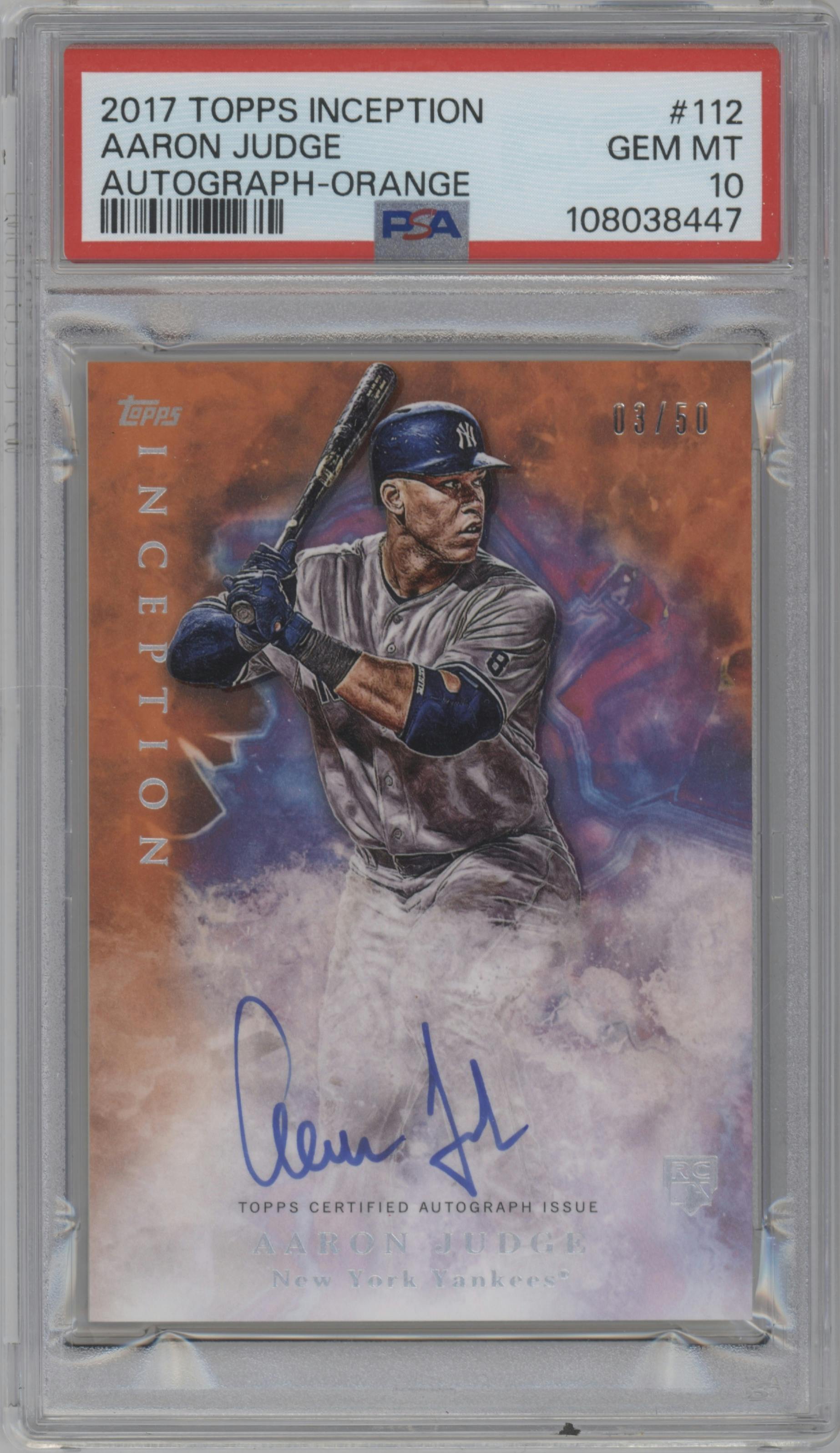 Aaron Judge from the 2017 Topps Inception set featuring a Orange parallel graded by PSA and given an overall grade of 10.