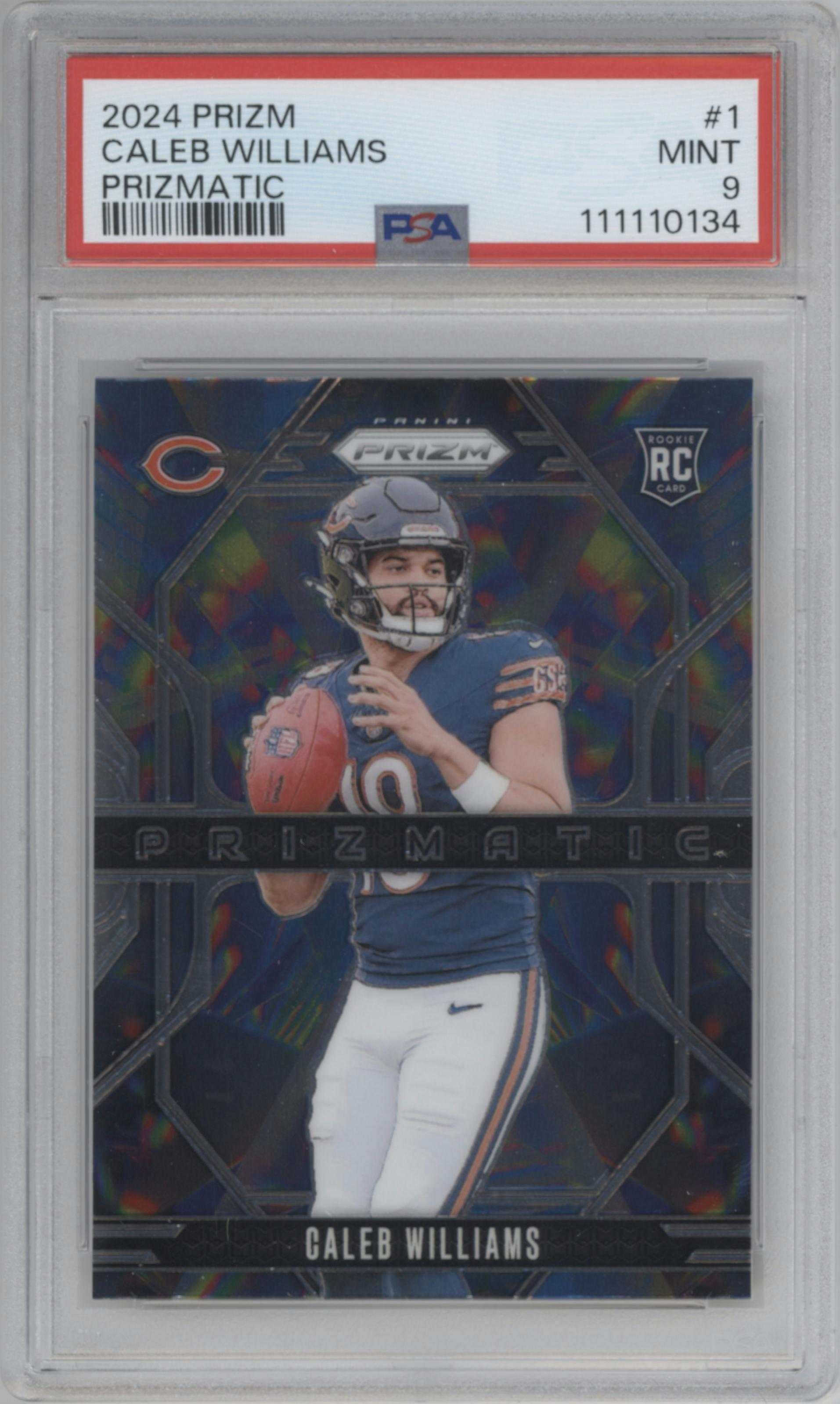 Caleb Williams from the 2024 Panini Prizm set graded by PSA and given an overall grade of 9.
