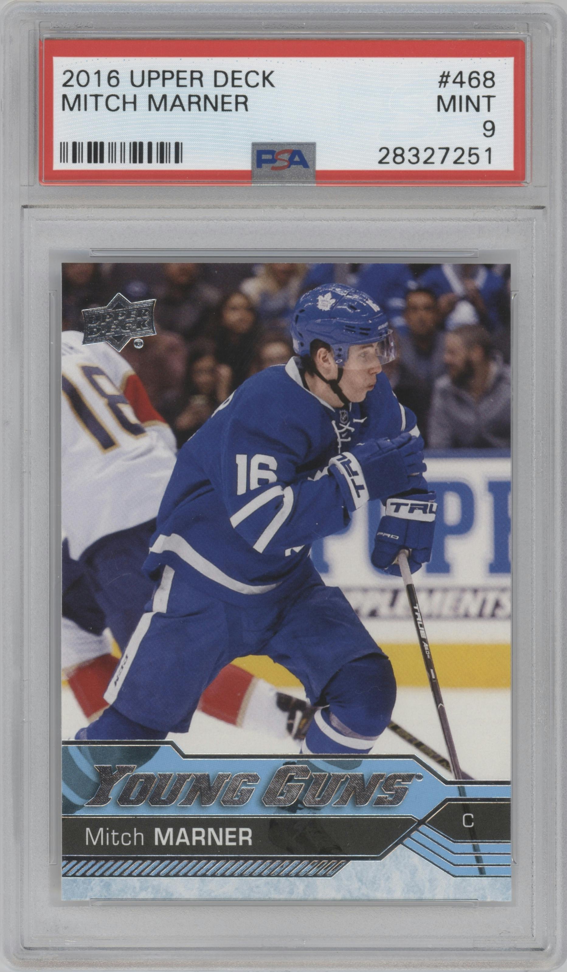 Mitch Marner from the 2016-17 Upper Deck set graded by PSA and given an overall grade of 9.