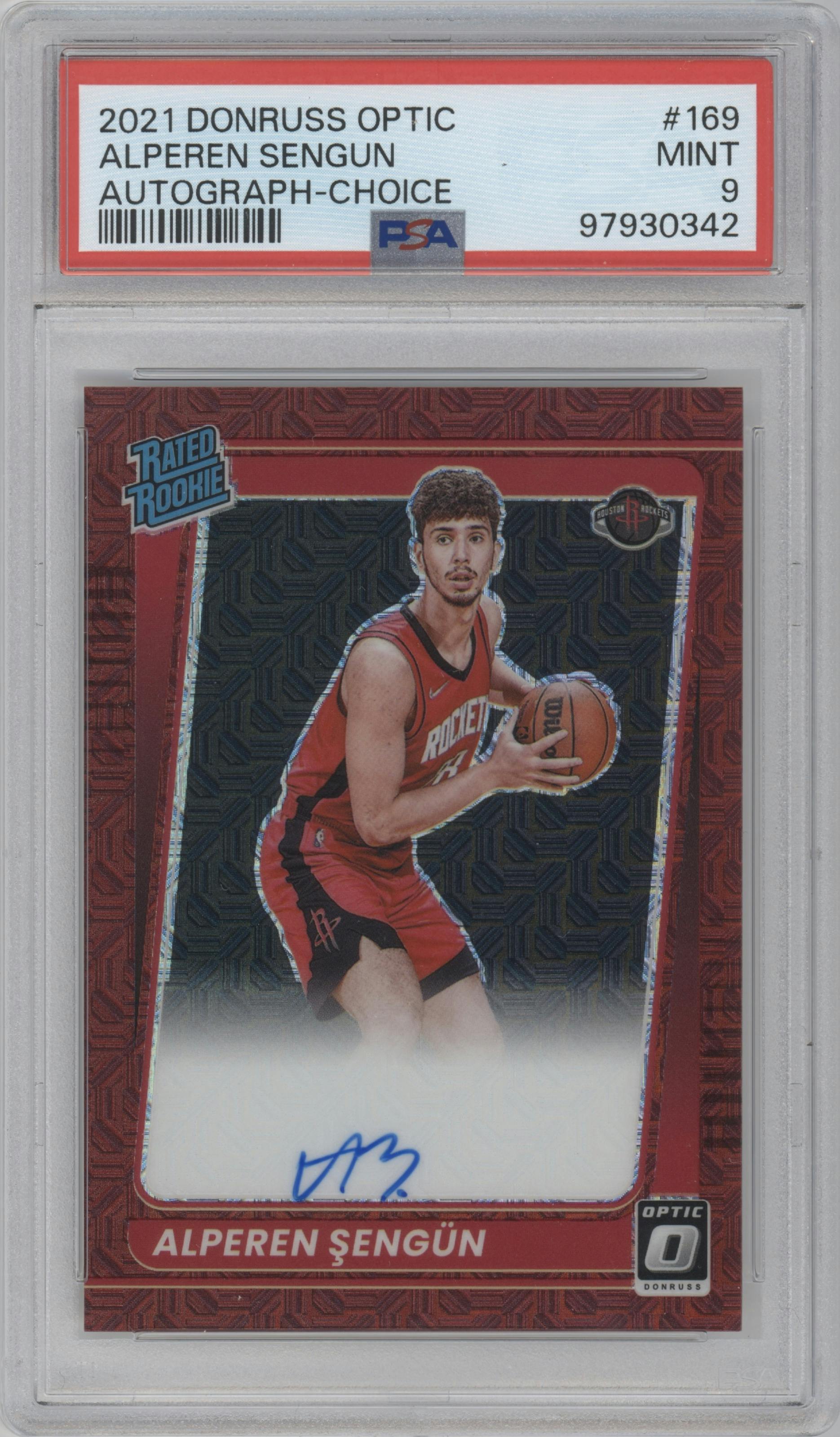 Alperen Sengun from the 2021-22 Panini Donruss Optic set featuring a Choice parallel graded by PSA and given an overall grade of 9.