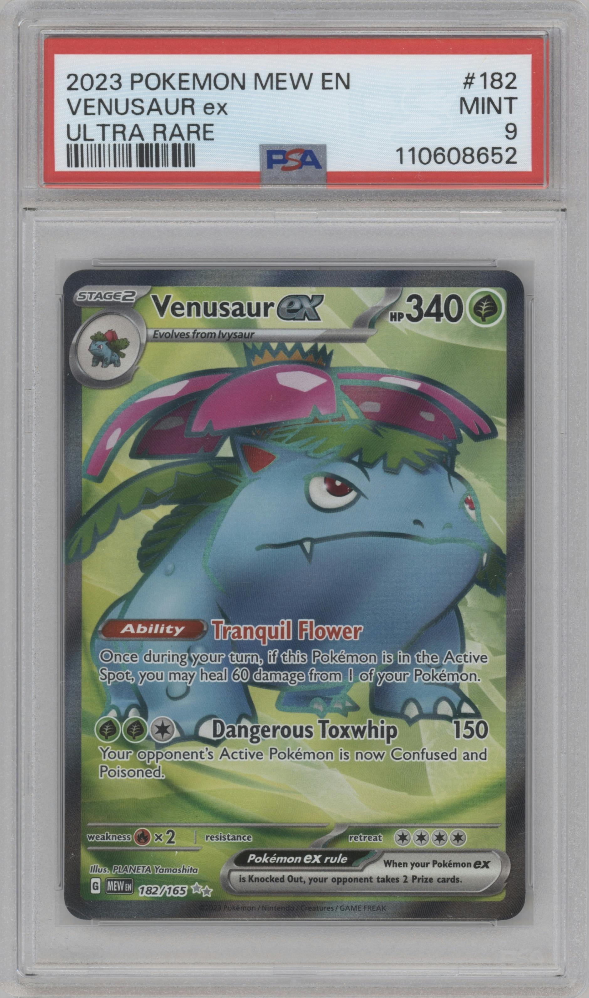 Venusaur ex from the 2023 Pokemon SV set graded by PSA and given an overall grade of 9.