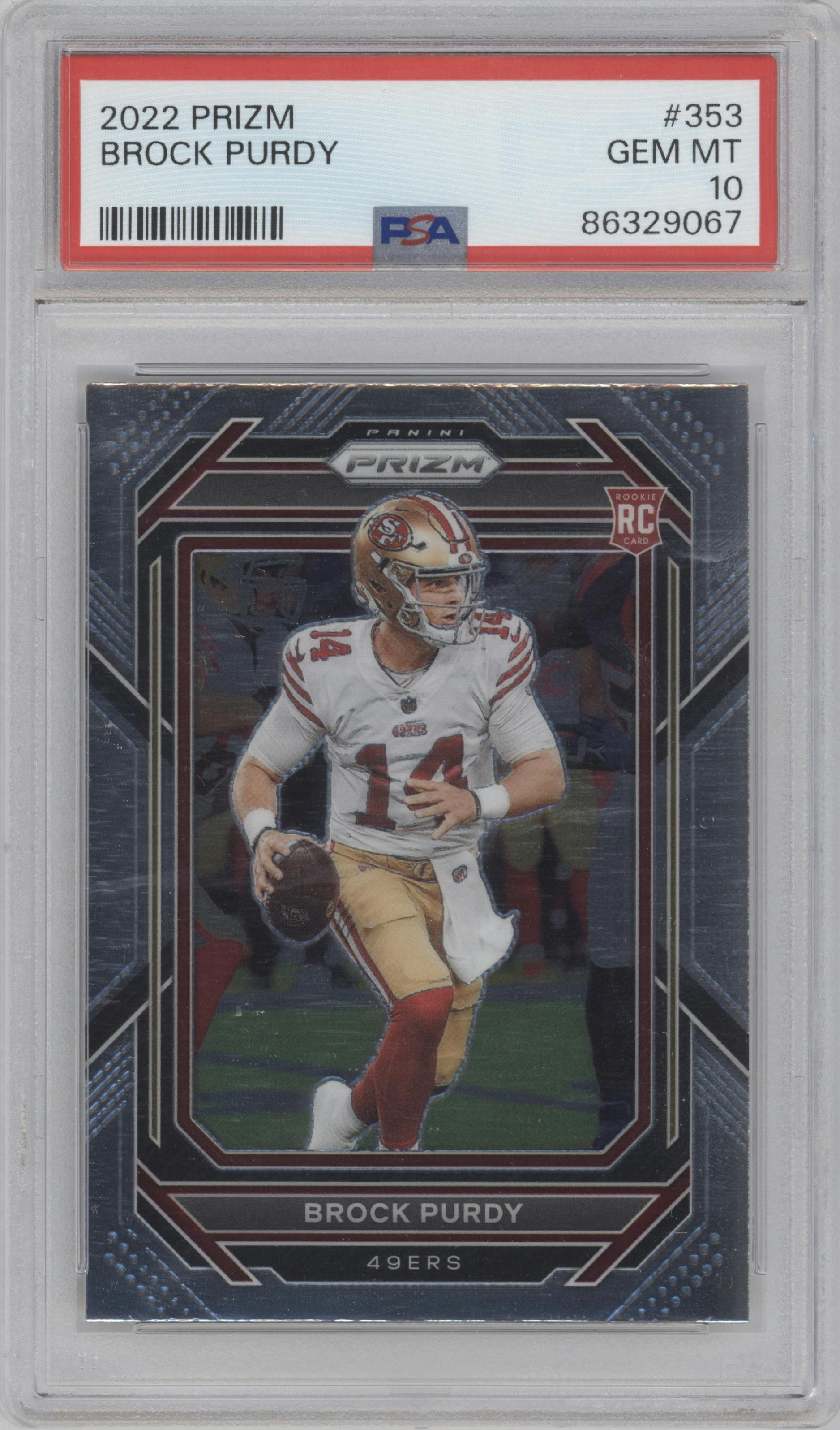 Brock Purdy from the 2022 Panini Prizm set graded by PSA and given an overall grade of 10.