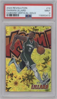 Damian Lillard from the 2024-25 Panini Revolution set featuring a Gold parallel graded by PSA and given an overall grade of 9.