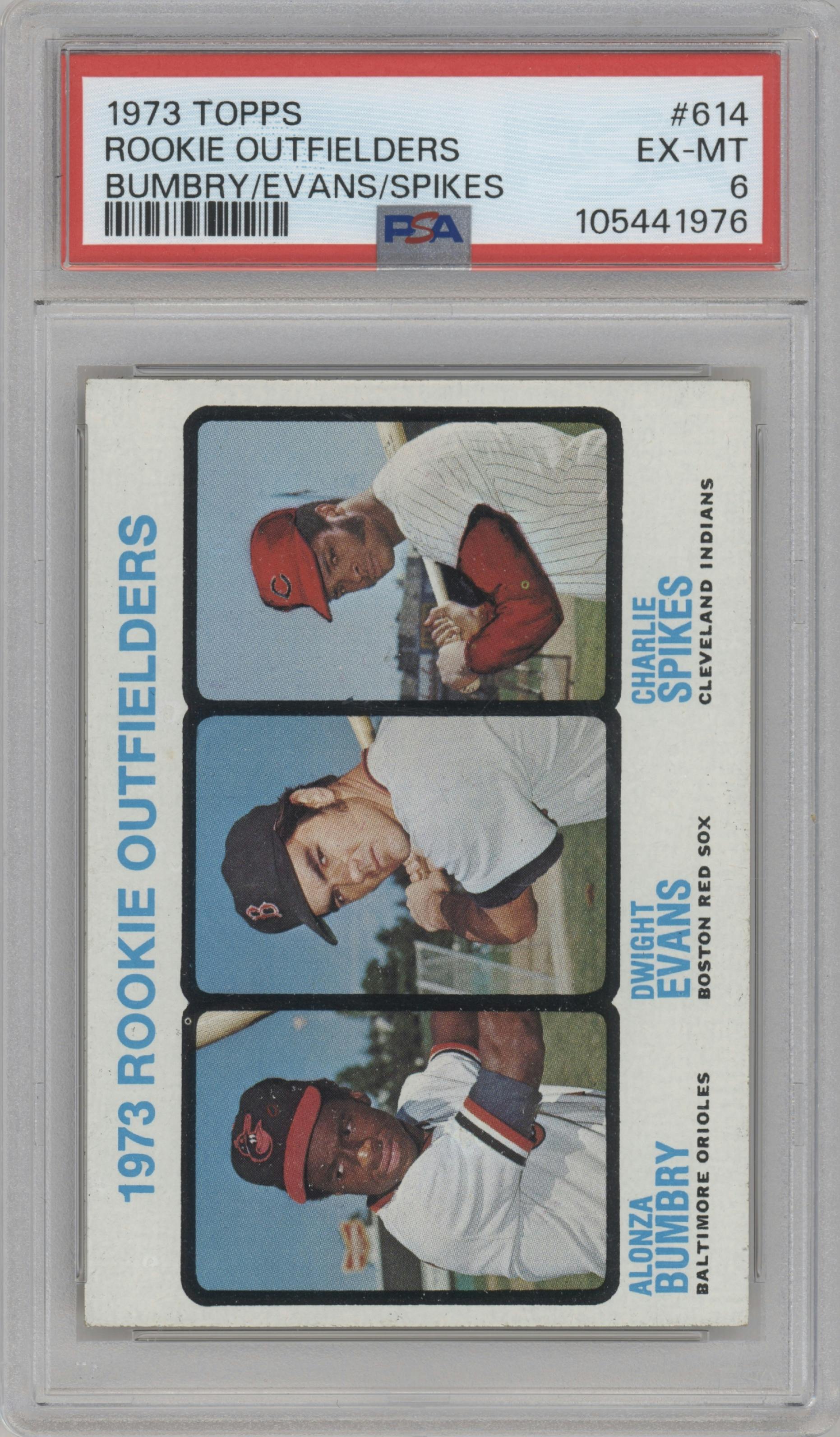 Alonza Bumbry/Dwight Evans/Charlie Spikes from the 1973 Topps set graded by PSA and given an overall grade of 6.