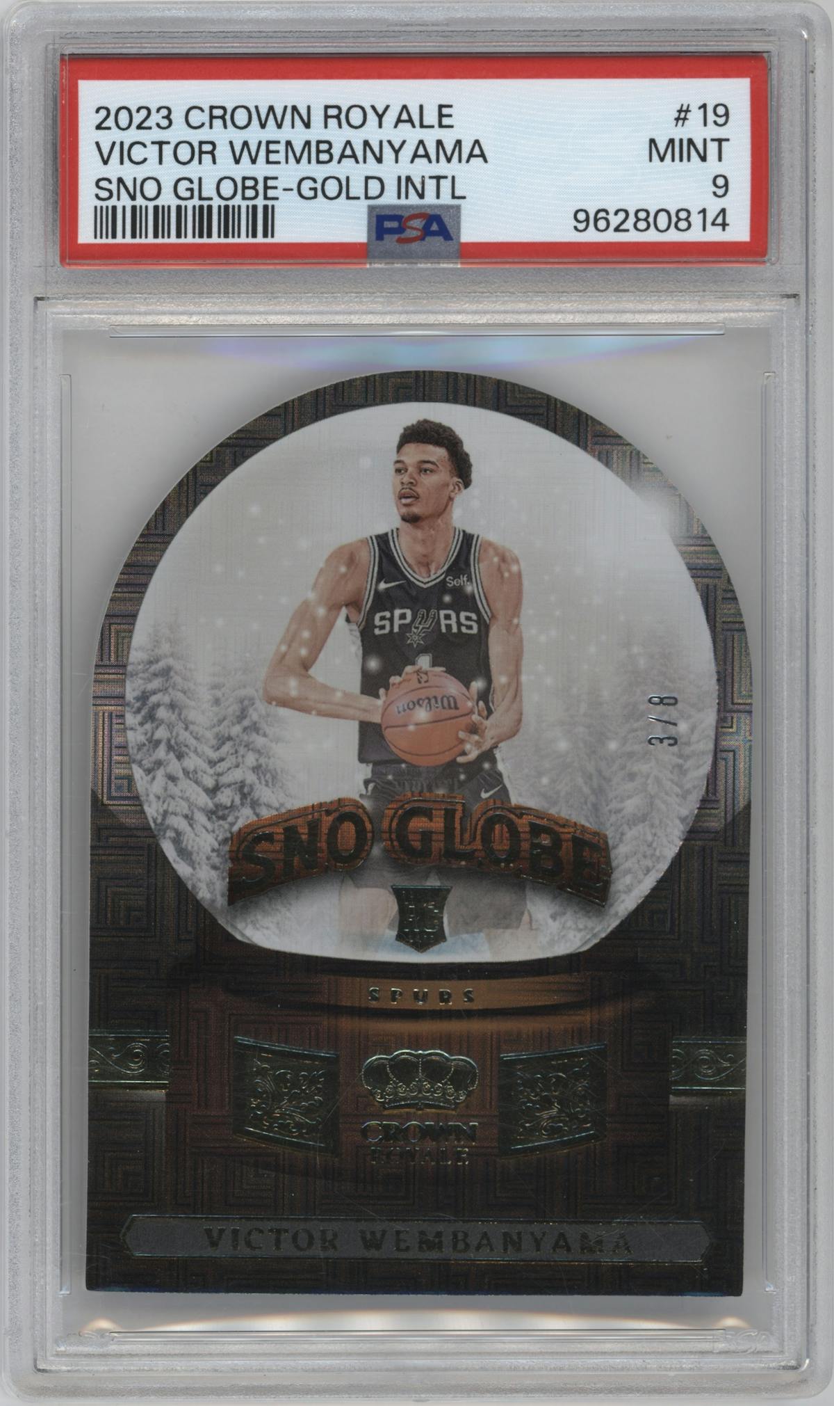 Victor Wembanyama from the 2023-24 Panini Crown Royale  set featuring a Gold International parallel graded by PSA and given an overall grade of 9.